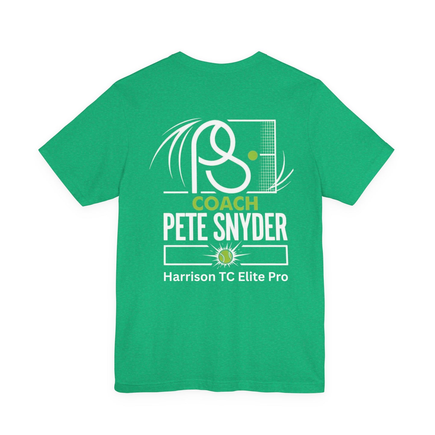 Male model front view in lime green Coach Pete Snyder T-shirt, P Tennis logo on chest