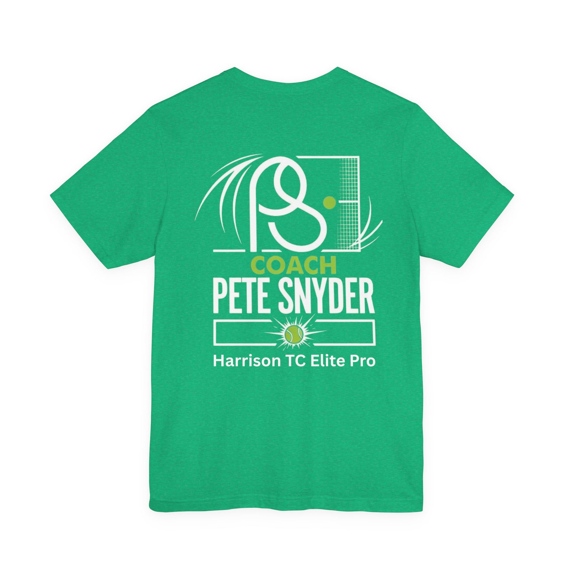Male model front view in lime green Coach Pete Snyder T-shirt, P Tennis logo on chest
