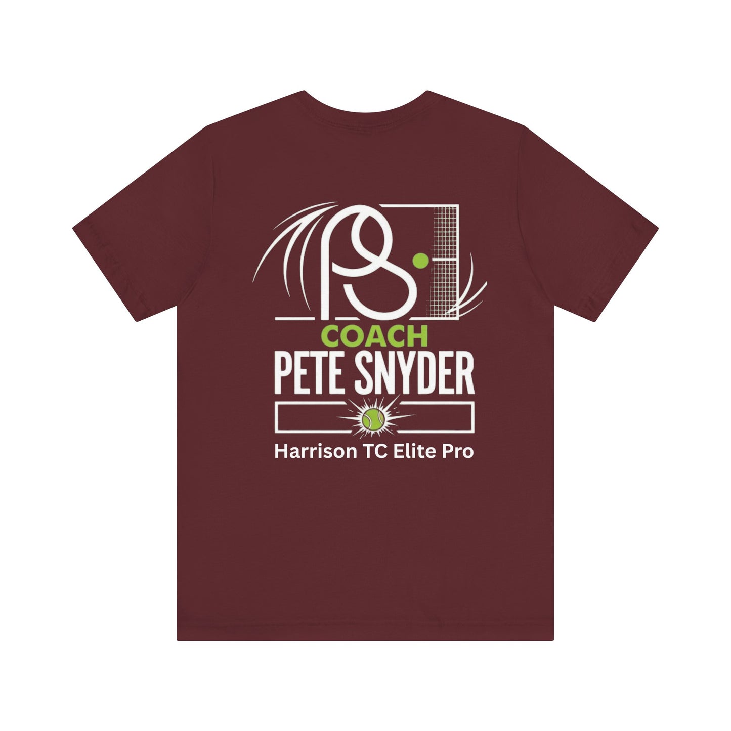 Back view of maroon Coach Pete Snyder t-shirt with crisp white tennis graphic, "COACH PETE SNYDER" and Harrison TC Elite Pro