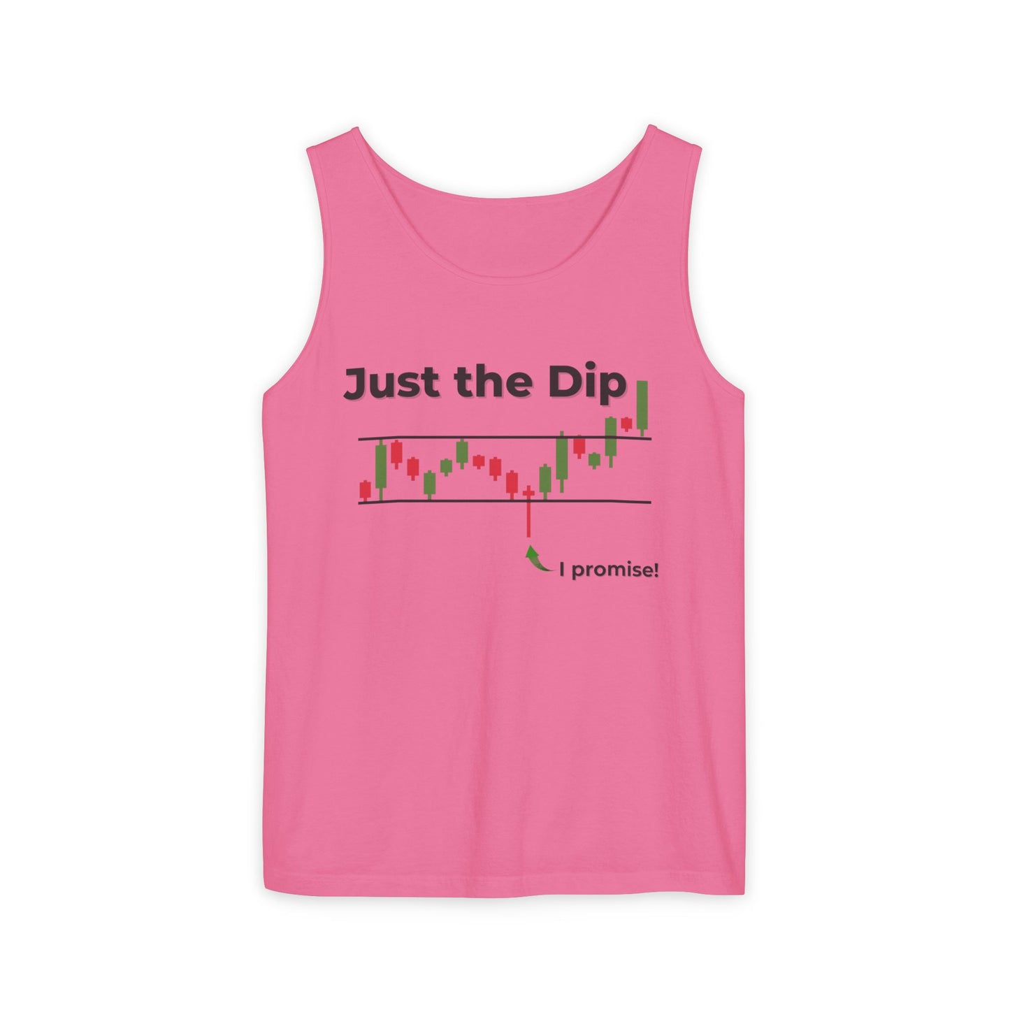 Front view of pink "Just the Dip" workout tank with red/green candlesticks and "I promise!" down arrow