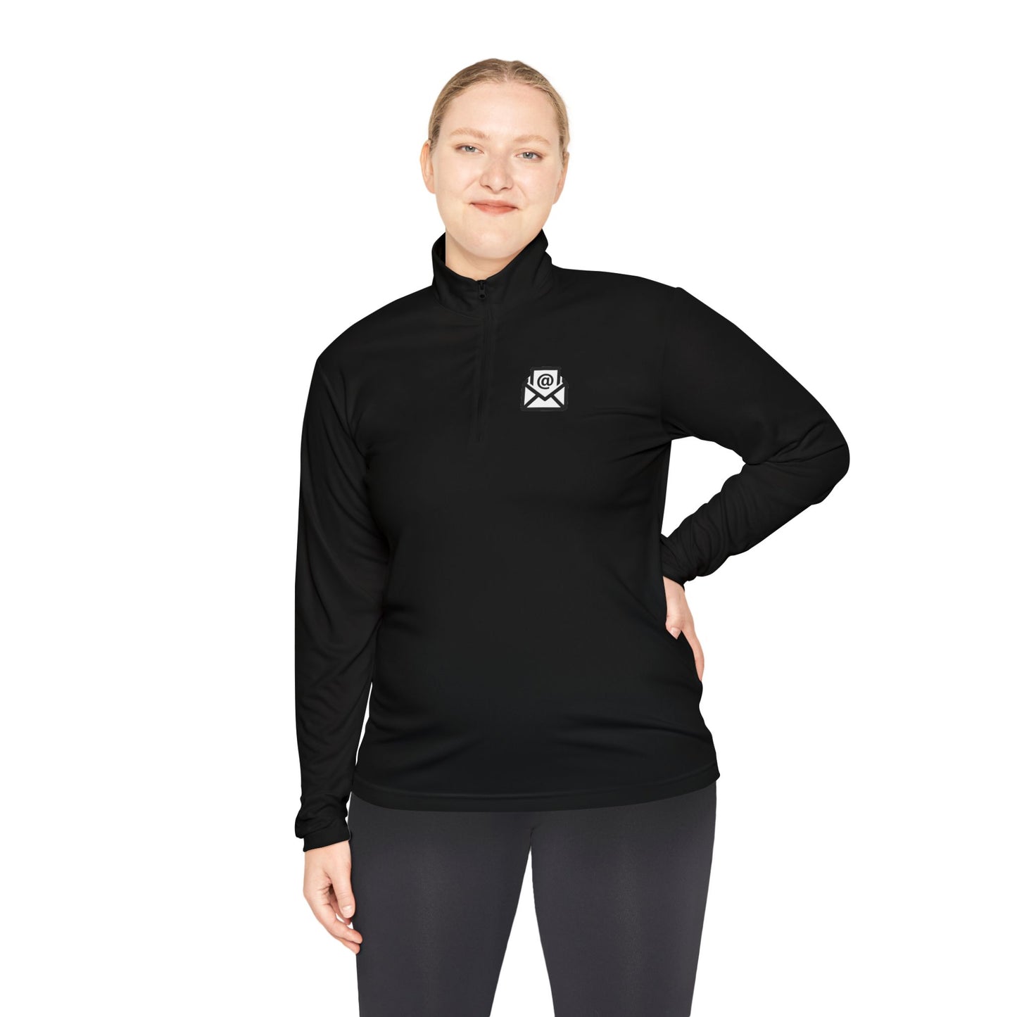 Female model in black quarter-zip pullover front, white envelope emblem, hand on hip