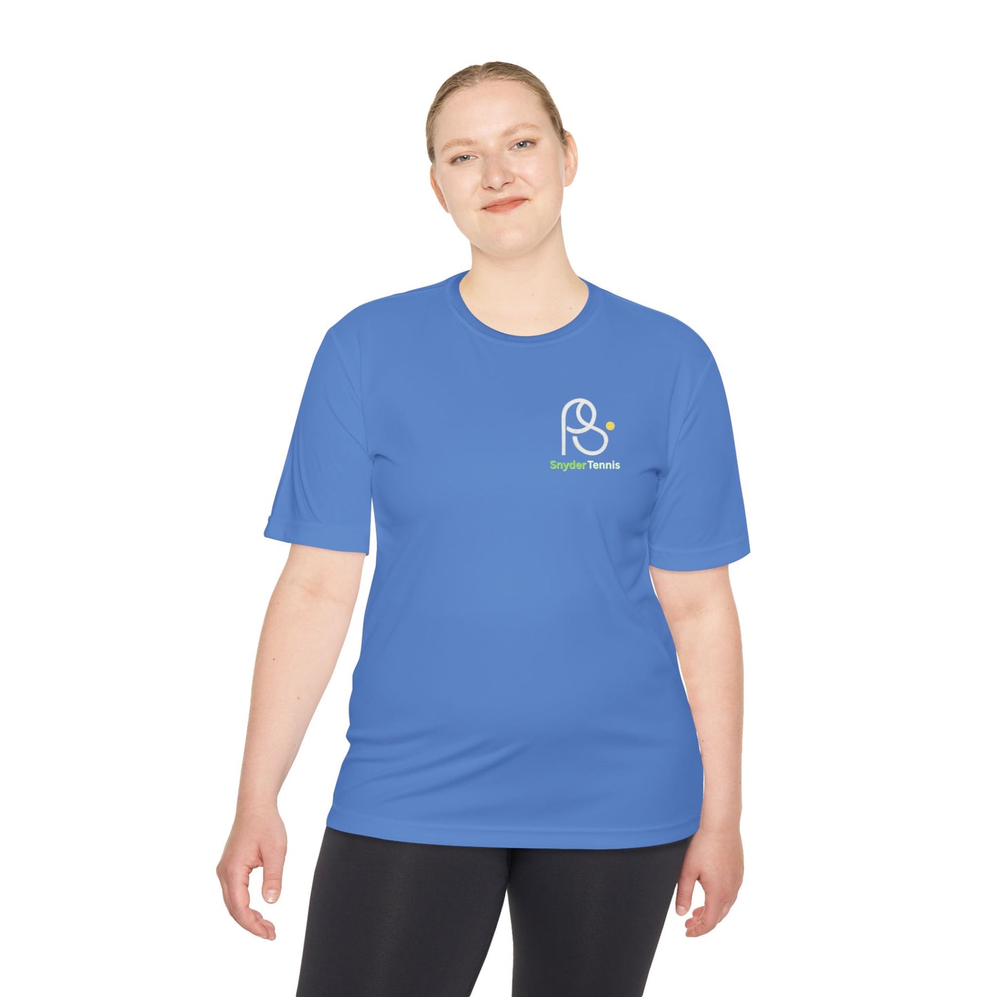 Woman model rocking atomic blue tee front, PS Bridge Tennis logo popping on chest