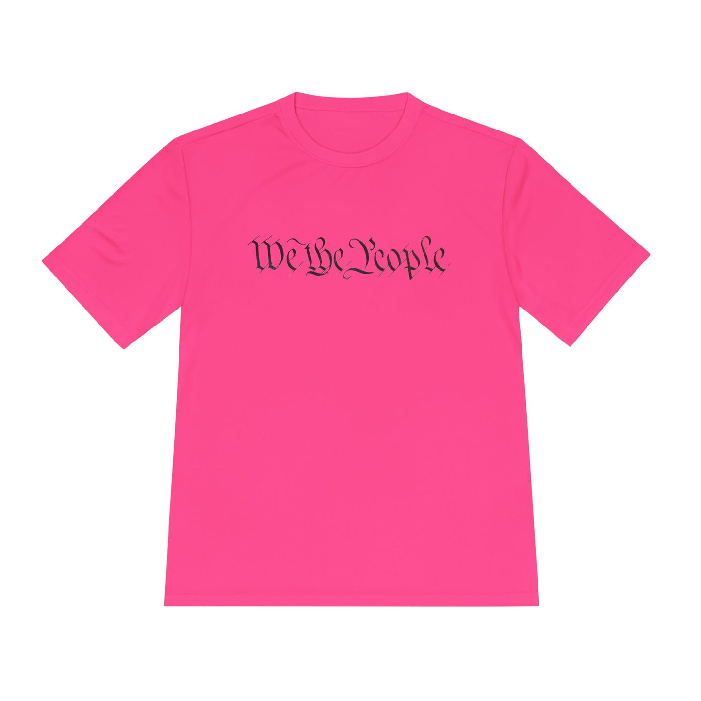 Front view of hot pink moisture-wicking tee with black cursive "We the People" print hiding QR easter egg