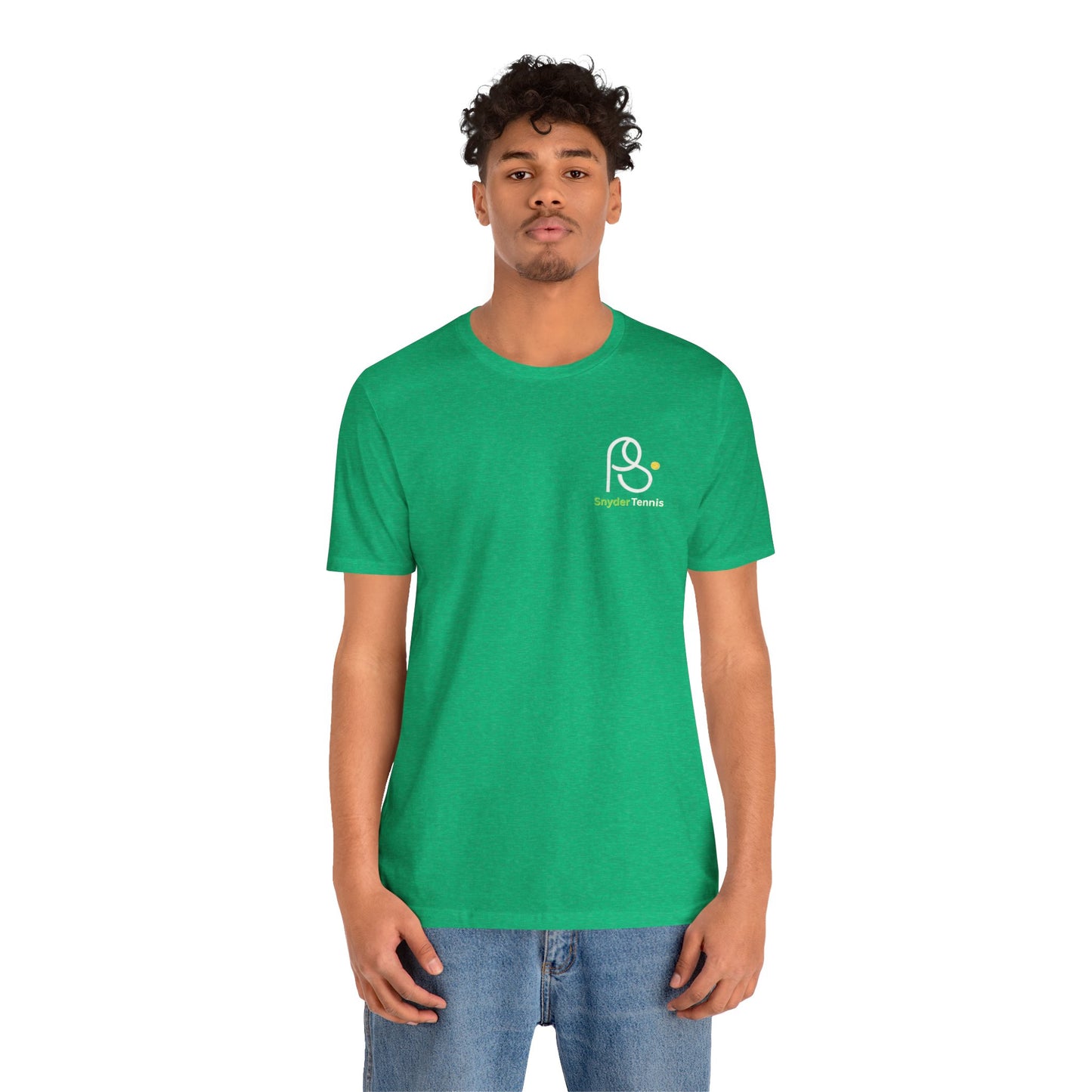 Female model smiling in lime green Pete Snyder tennis tee, front with P Tennis chest logo
