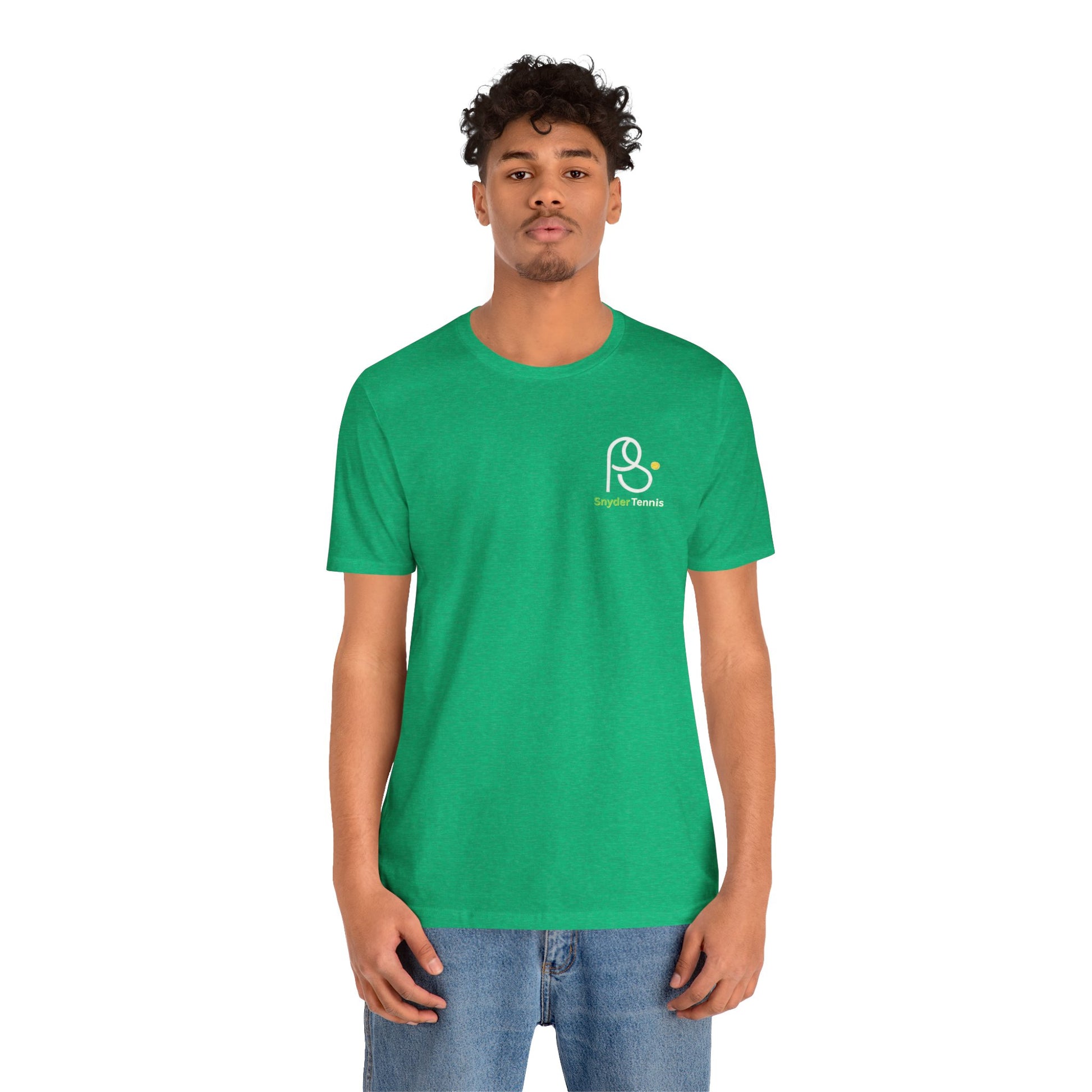 Female model smiling in lime green Pete Snyder tennis tee, front with P Tennis chest logo