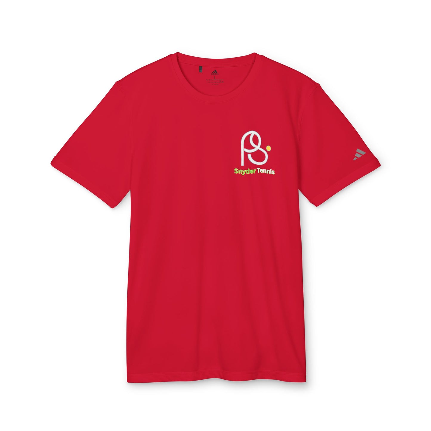 Front view of solid red Coach Pete Snyder adidas T-shirt, PS logo with green Snyder Tennis print