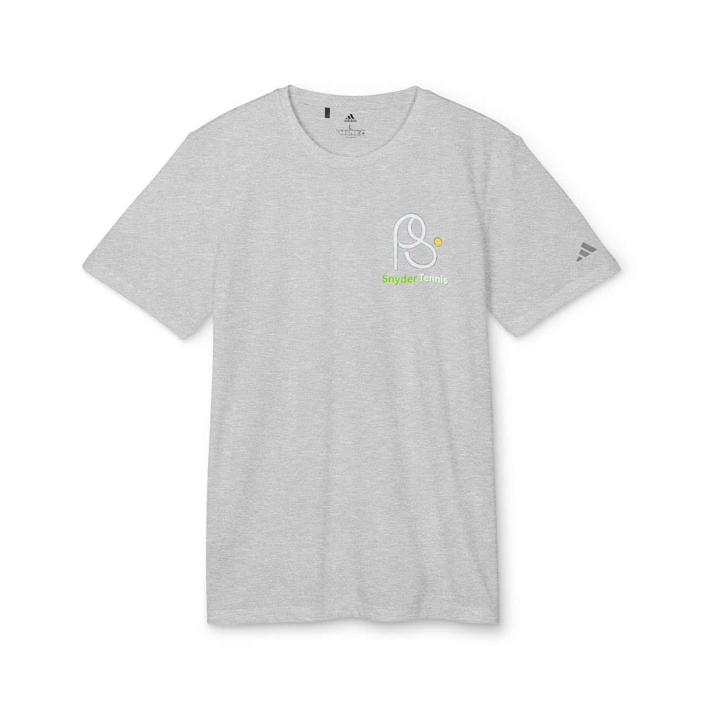 Front view of light heather gray performance tee, PS Snyder Tennis badge, adidas sleeve detail