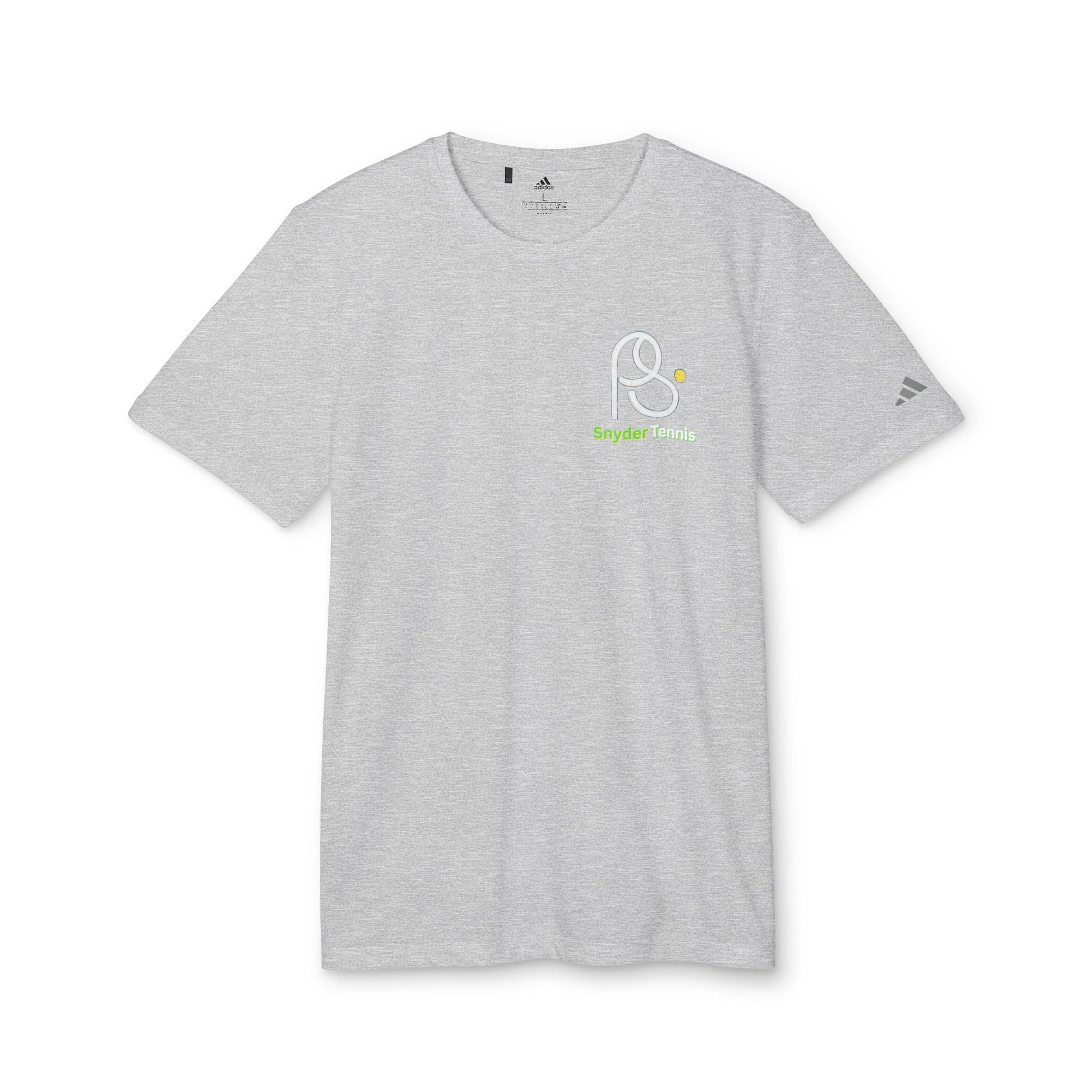 Front view of light heather gray performance tee, PS Snyder Tennis badge, adidas sleeve detail