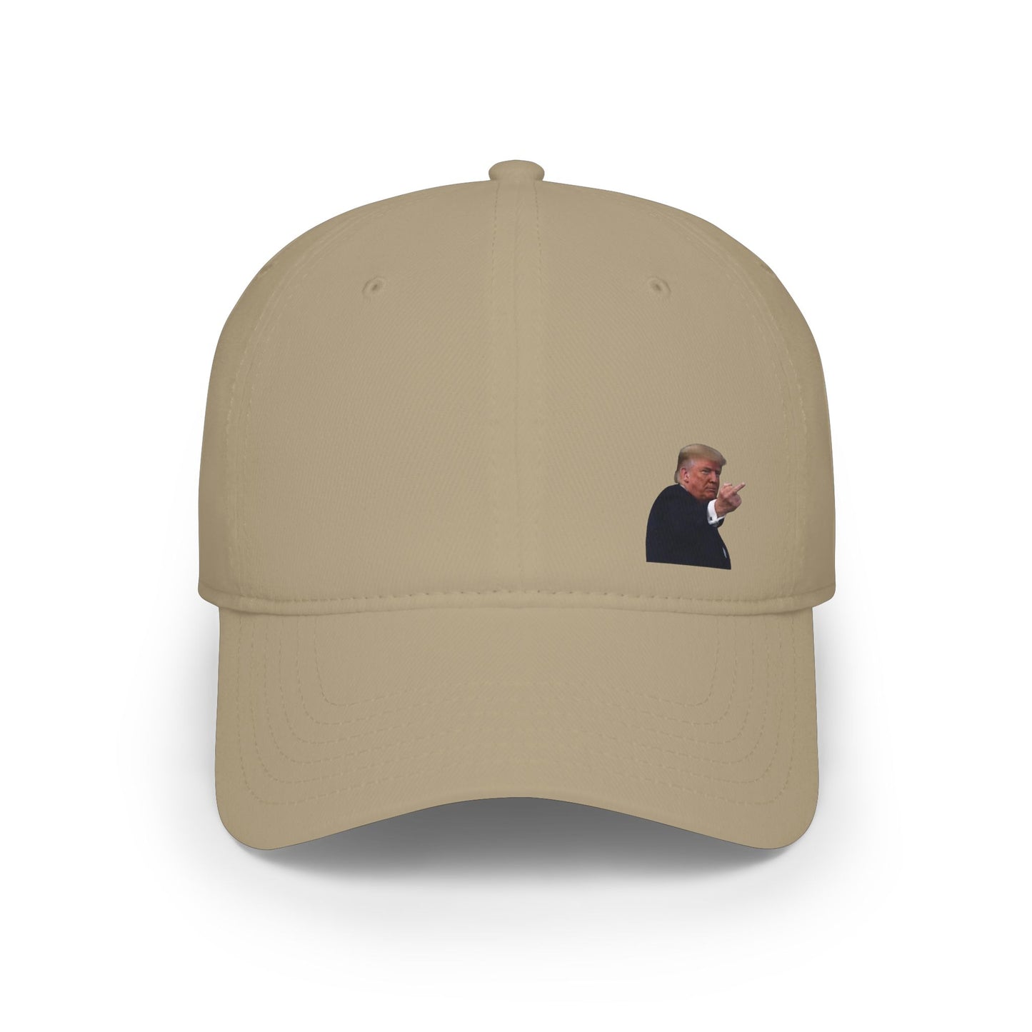Front view of khaki baseball cap with iconic Trump Ford plant gesture print