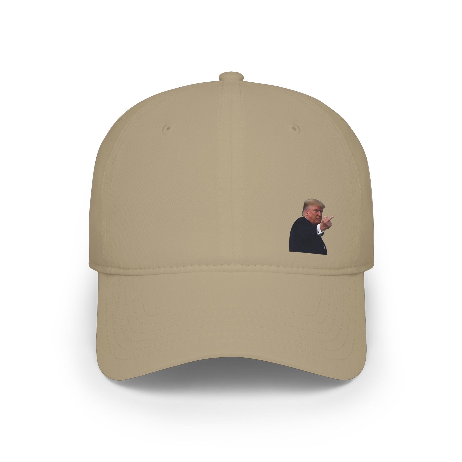 Front view of khaki baseball cap with iconic Trump Ford plant gesture print