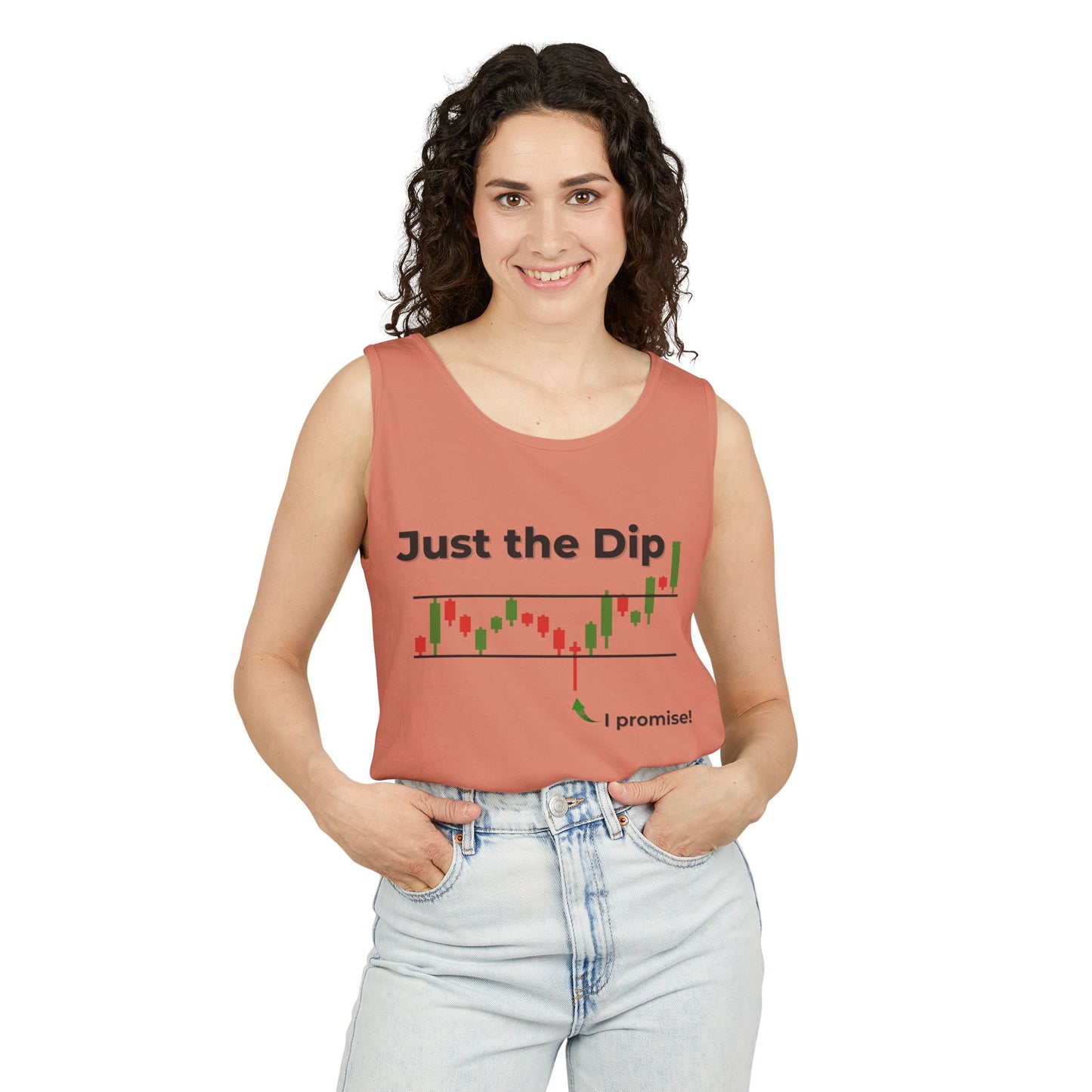Woman smiling in peach "Just the Dip" tank top with plunging candlestick chart print and green "I promise!" arrow, jeans