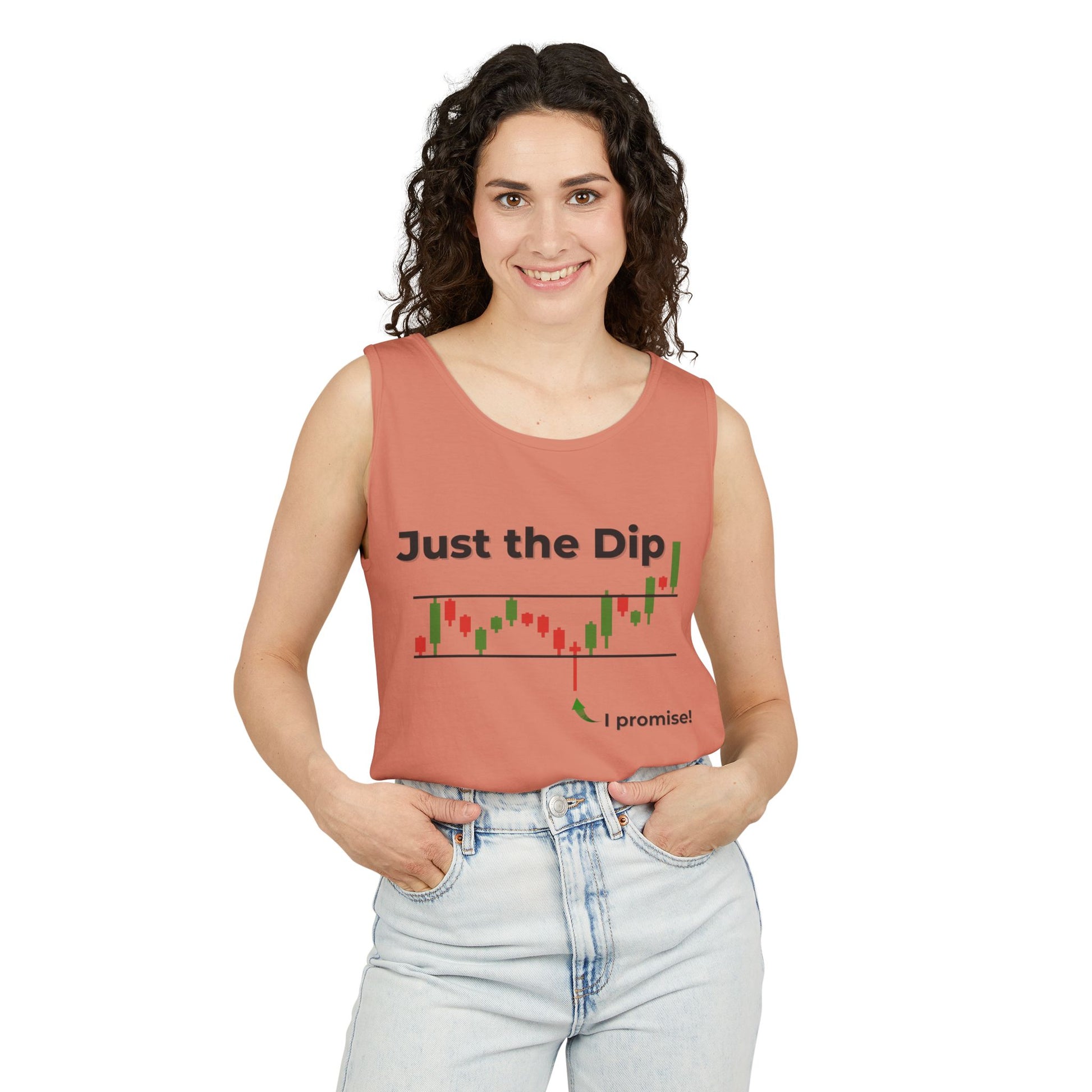 Woman smiling in peach "Just the Dip" tank top with plunging candlestick chart print and green "I promise!" arrow, jeans