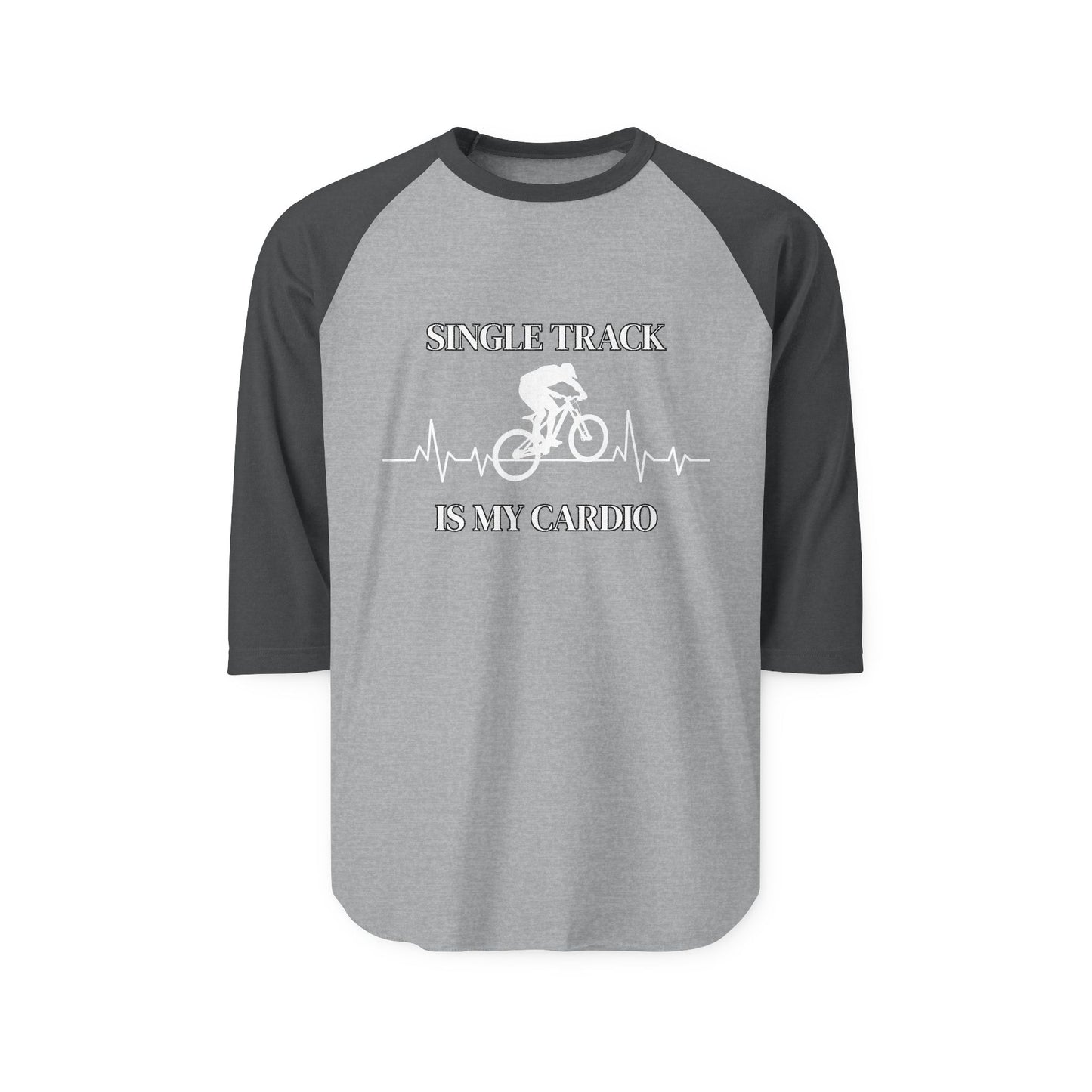 Front view of heather gray raglan shirt with black 3/4 sleeves, crisp white "Single Track Is My Cardio" bike EKG print
