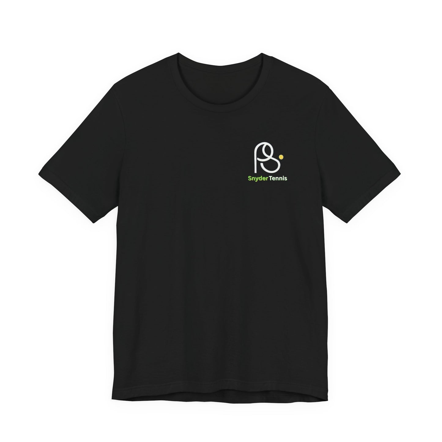 Flat front view of black tee with white PS tennis ball logo and green "PS Tennis" chest print