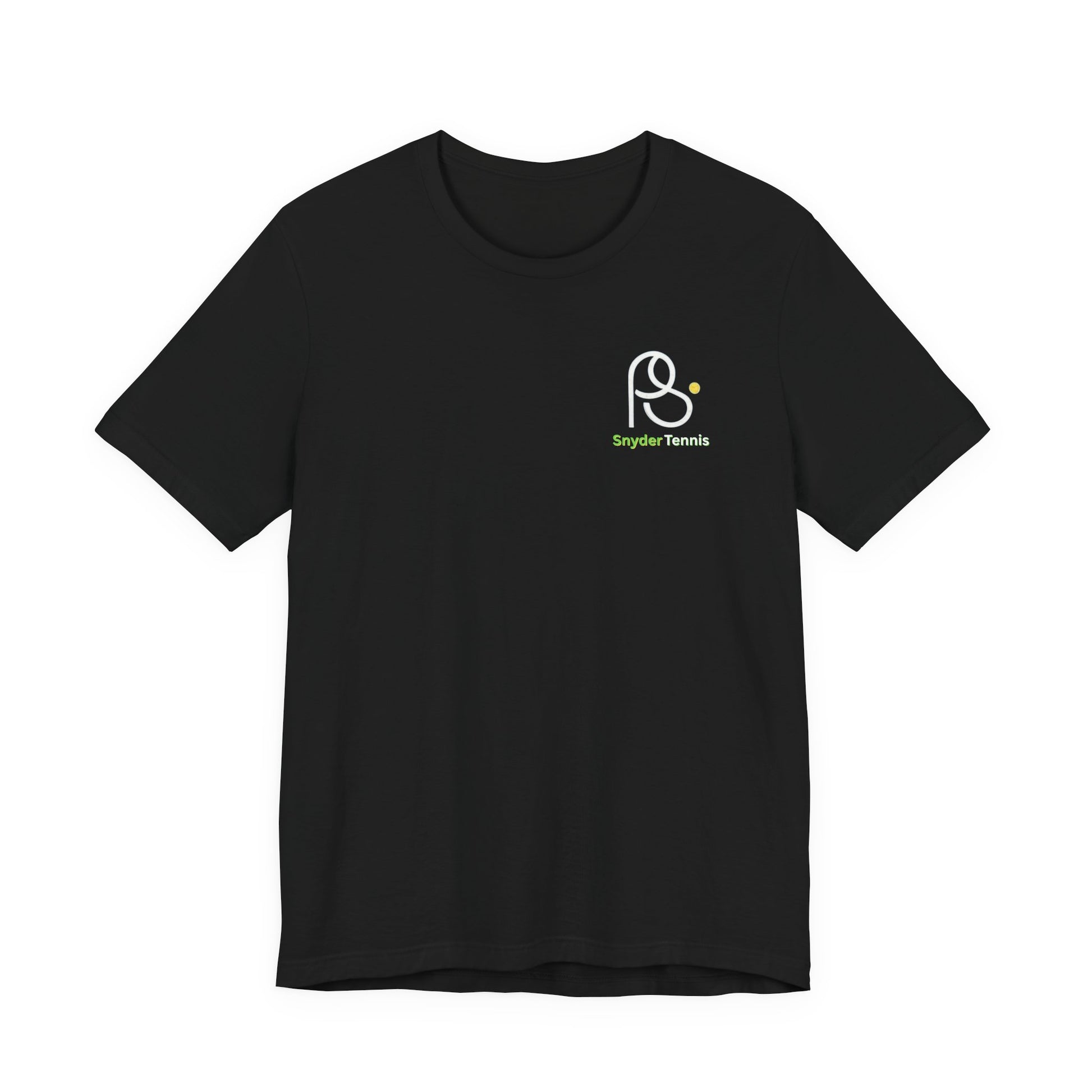 Flat front view of black tee with white PS tennis ball logo and green "PS Tennis" chest print