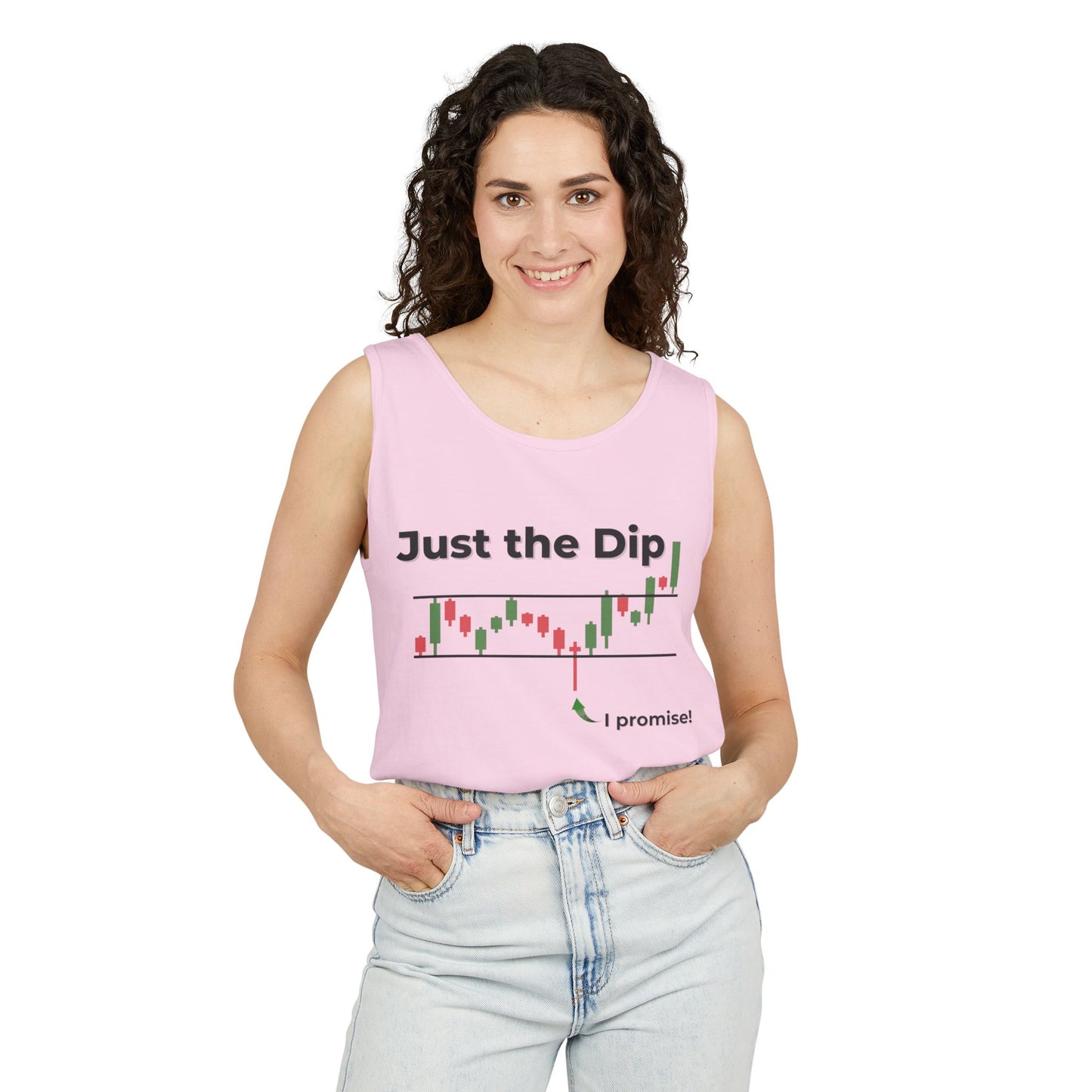 Woman smiling in front of light pink "Just the Dip" tank with dipping candlesticks and "I promise!" arrow