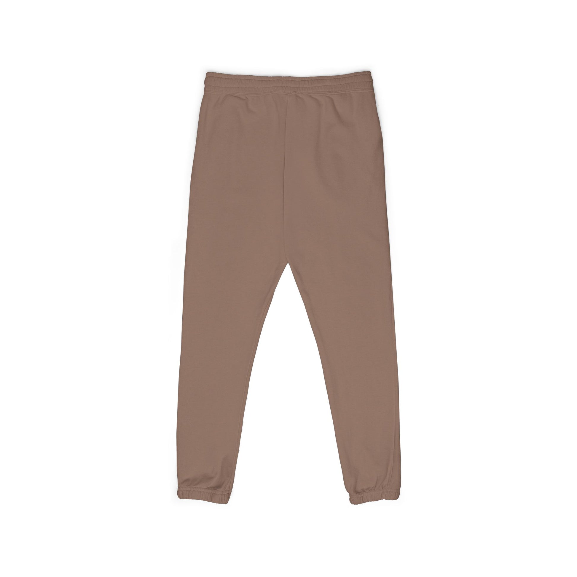 Back flat lay of espresso brown Zeta fleece joggers, cuffed ankles, drawstring — warm neutral
