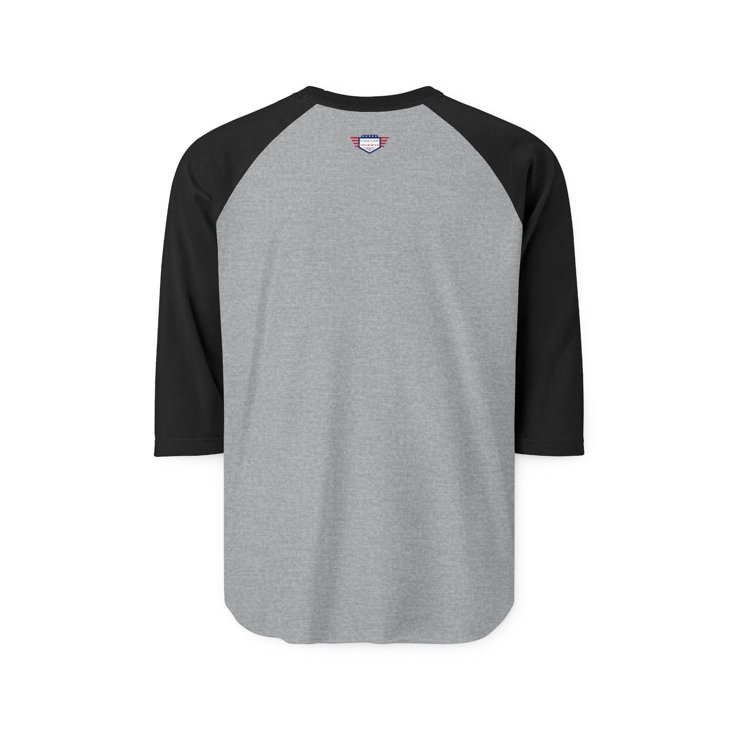 Back view of heather grey raglan tee with black contrast sleeves, tiny neck tag for itch-free vibes