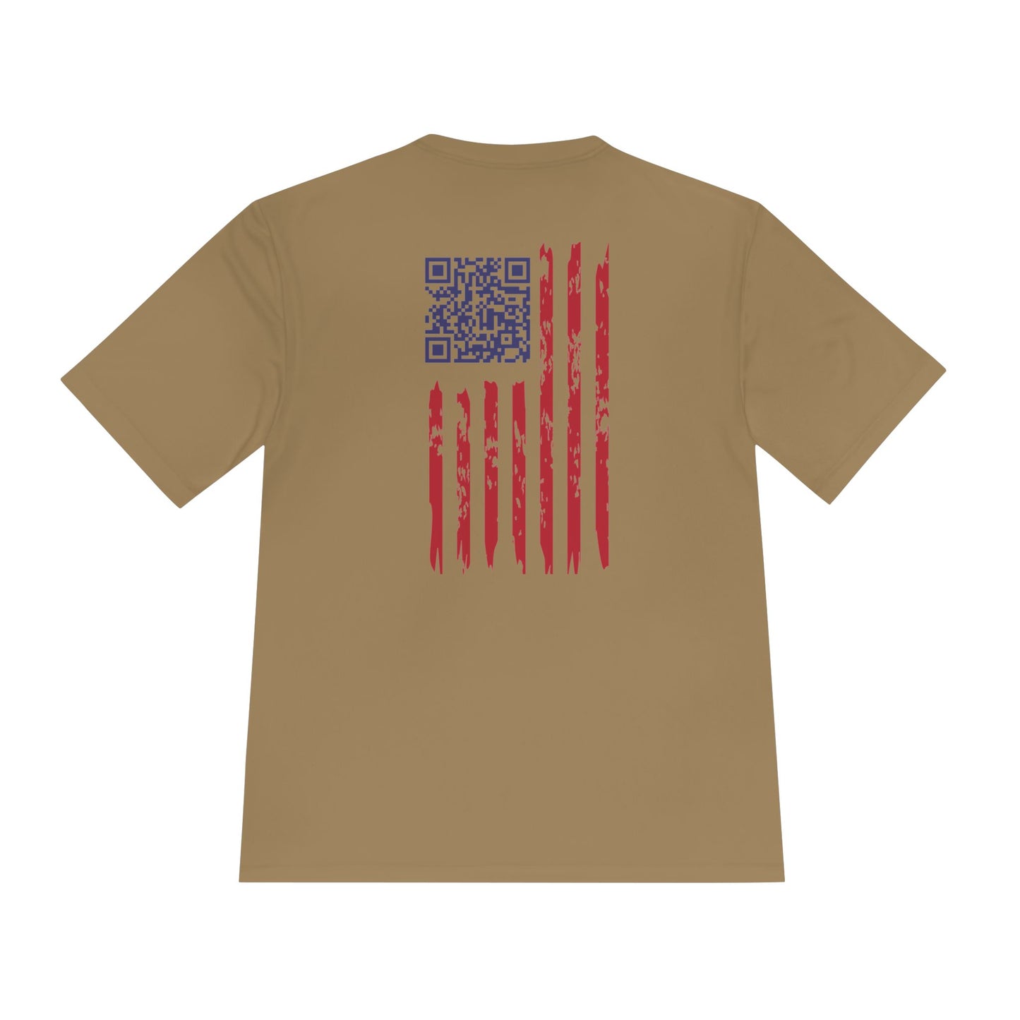 Back view of tan tee with blue QR code easter egg and distressed red-white flag stripes