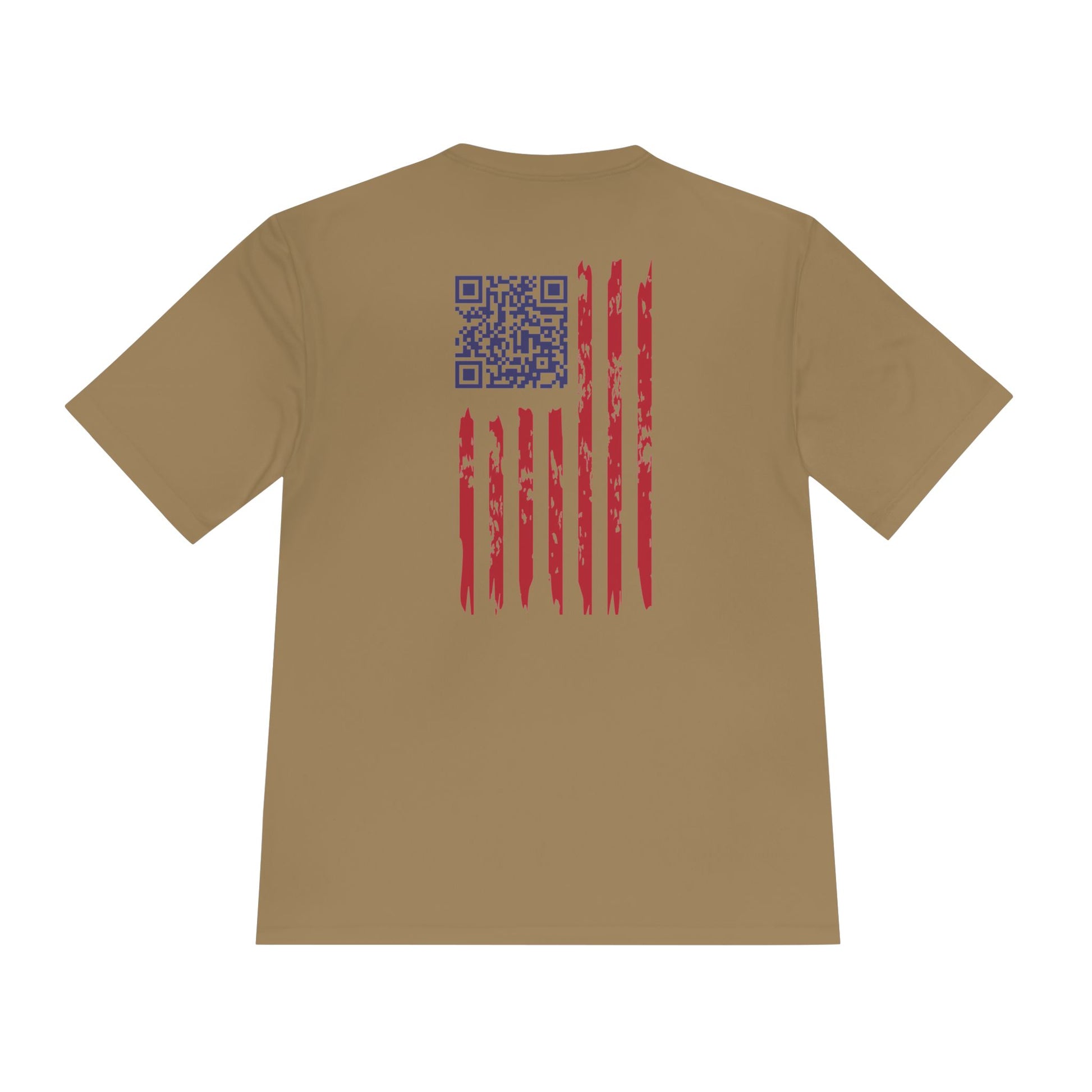 Back view of tan tee with blue QR code easter egg and distressed red-white flag stripes