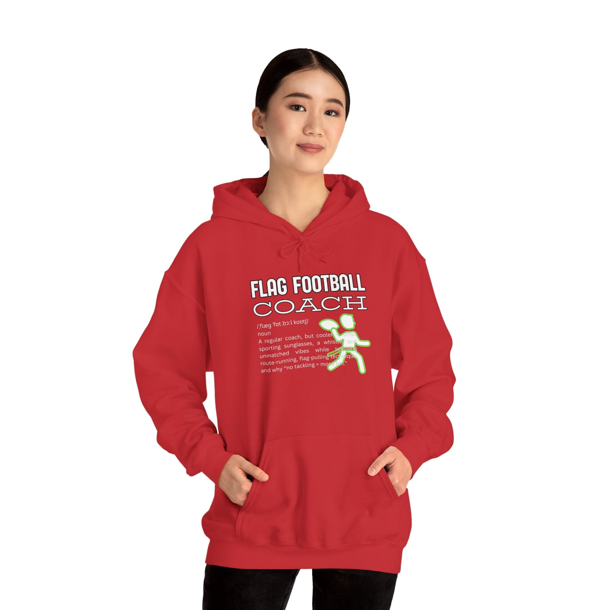 Asian woman modeling front of red Flag Football Coach hoodie with white text and neon green player design