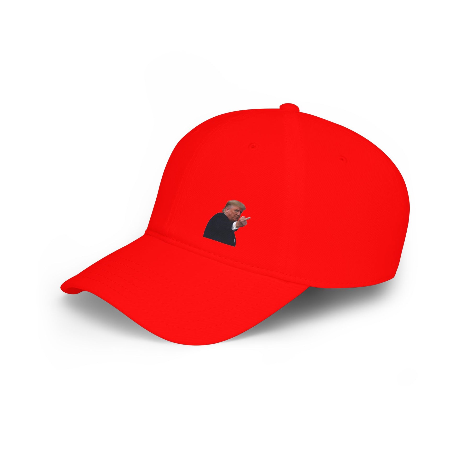Right side view of red baseball cap highlighting Trump gesture embroidery and curved bill