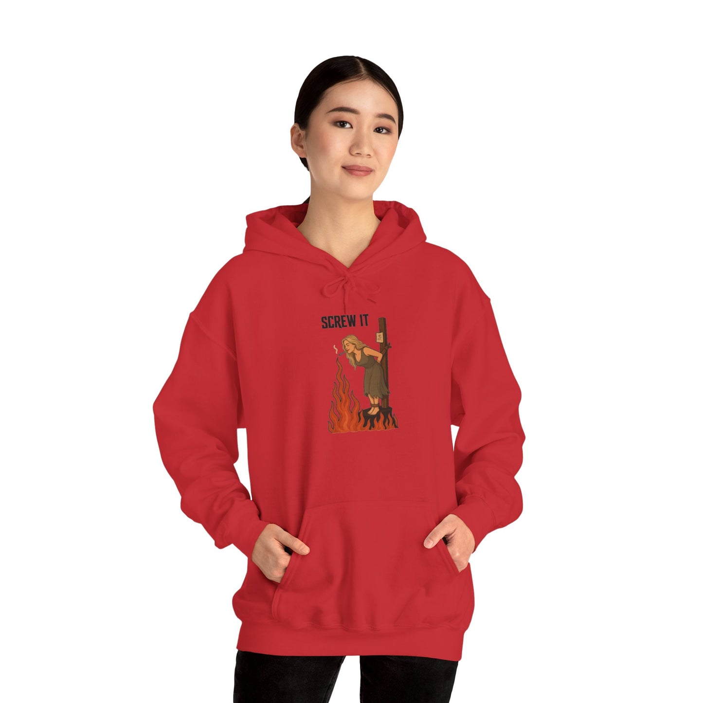 Screw It Hoodie – Funny Retro Character Flaming Witch Graphic Sweatshirt