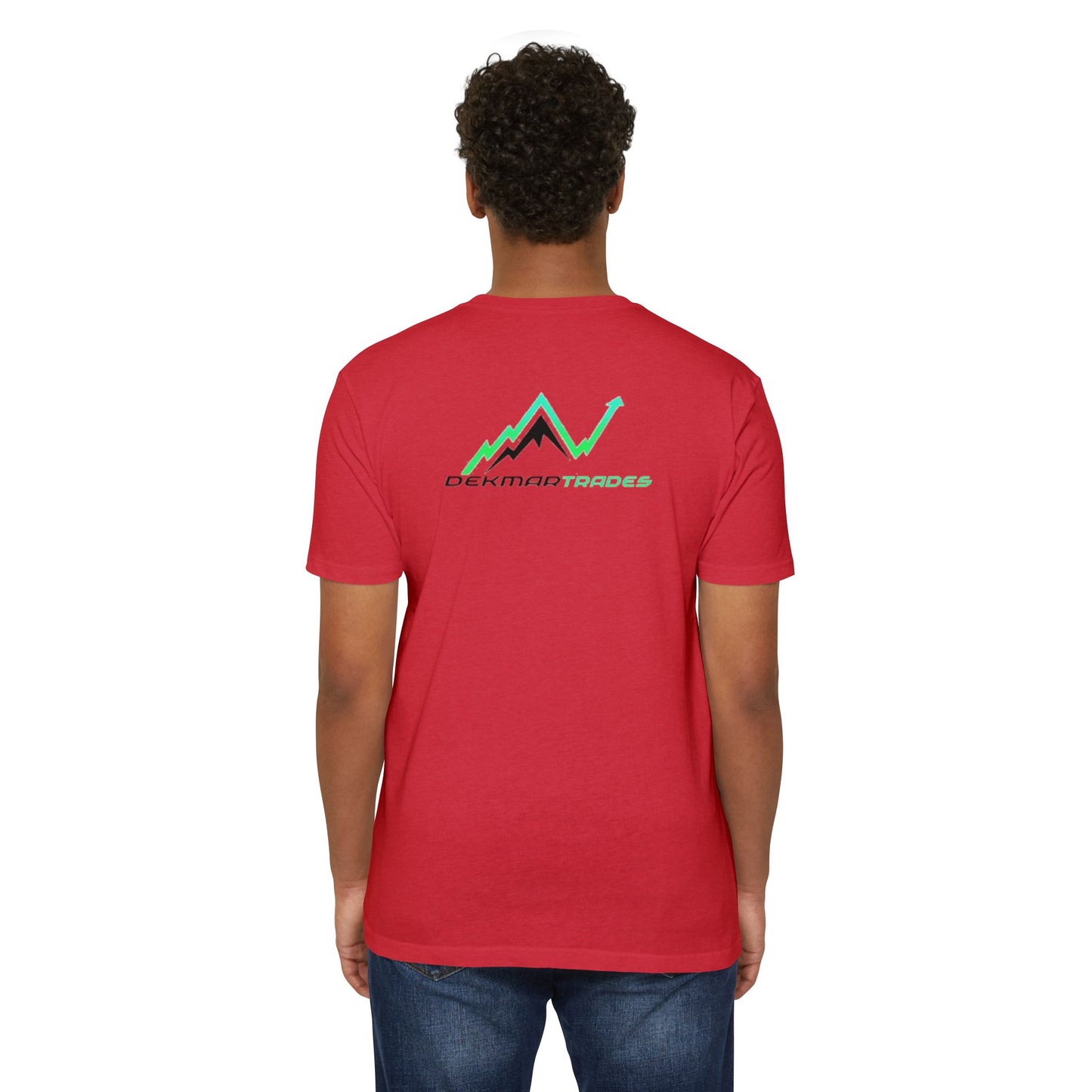 Man model back view in red tee with Dekmar Trades lime green peak arrow design