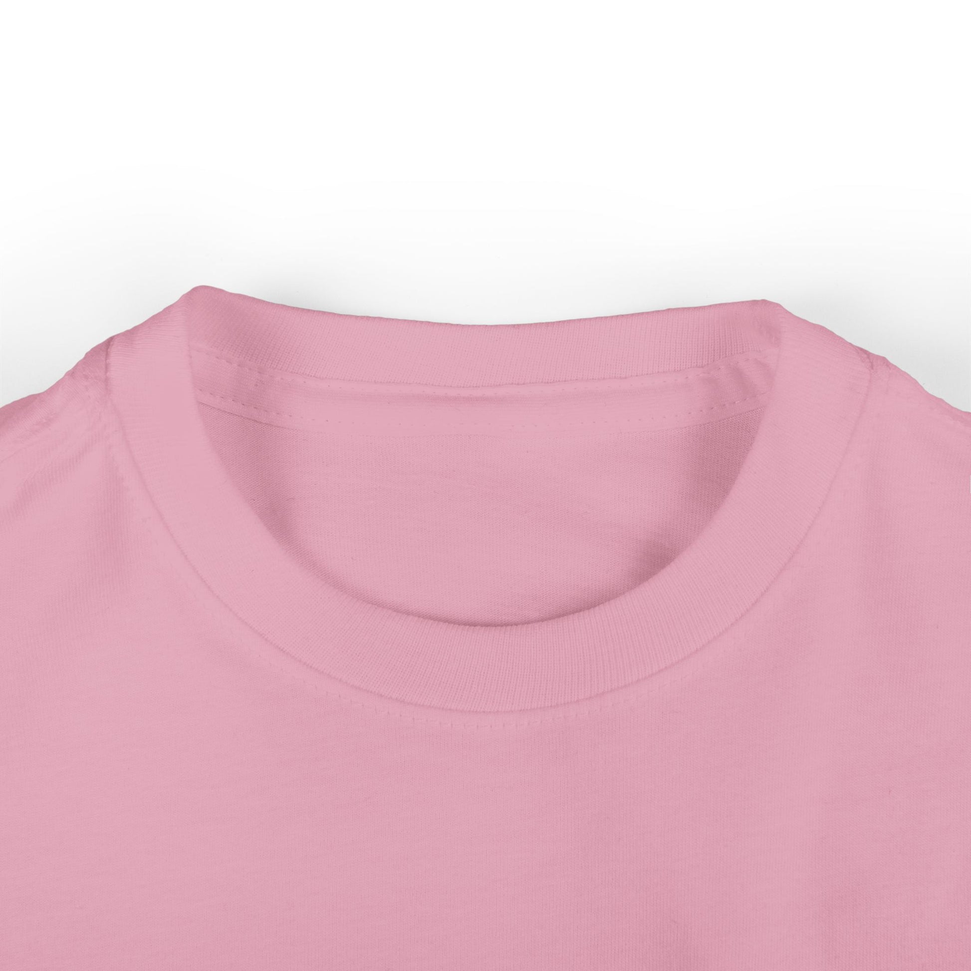 Close-up ribbed collar on pink 'Mountain Biker in training' infant tee