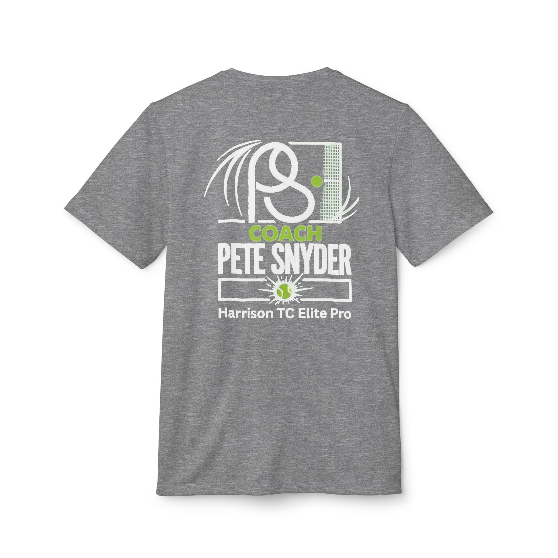 Female model front view heather gray short-sleeve t-shirt, subtle white "P8" chest logo with green accent, casual stance in gray pants