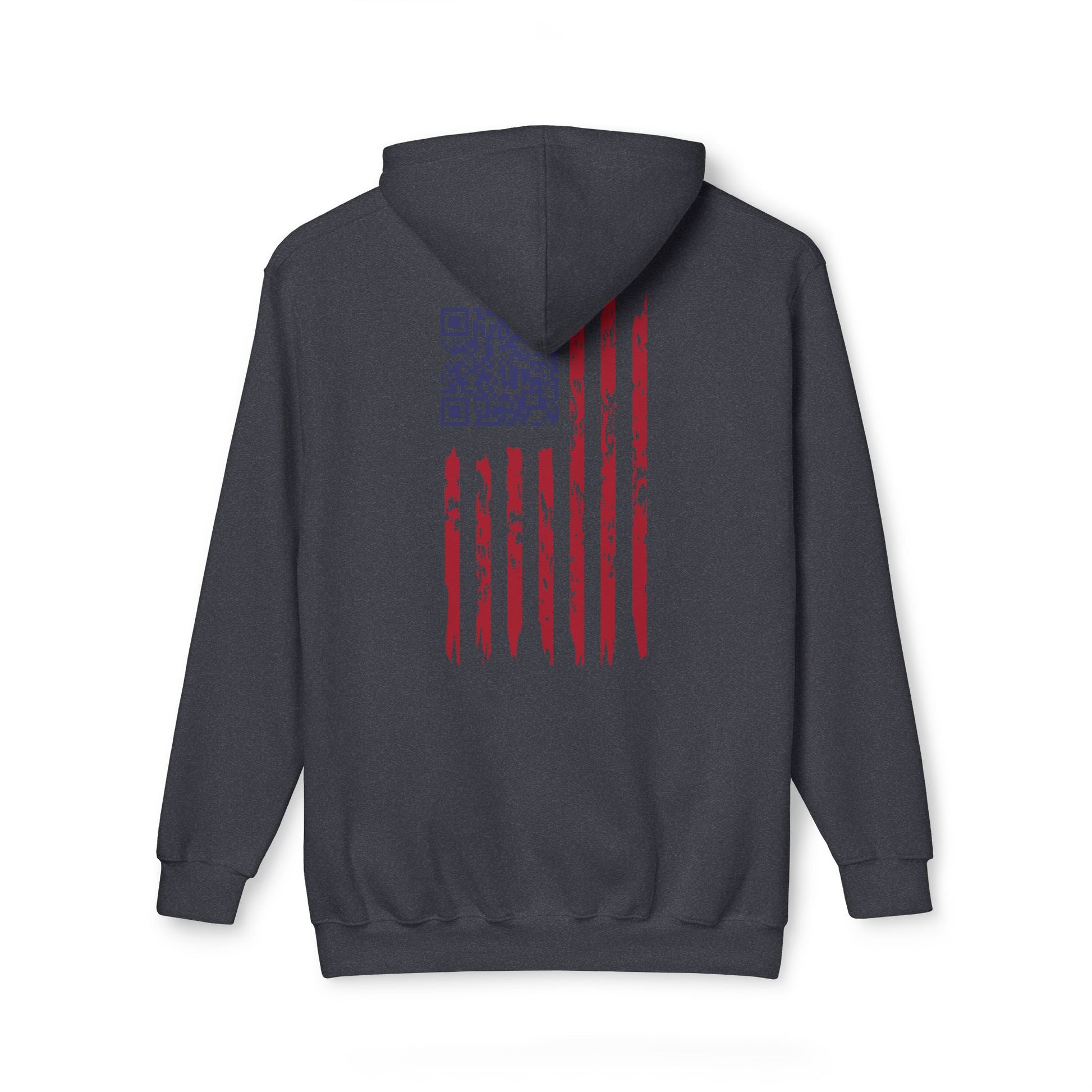 Flat back view of charcoal gray hoodie with distressed blue-starred red-stripe American flag