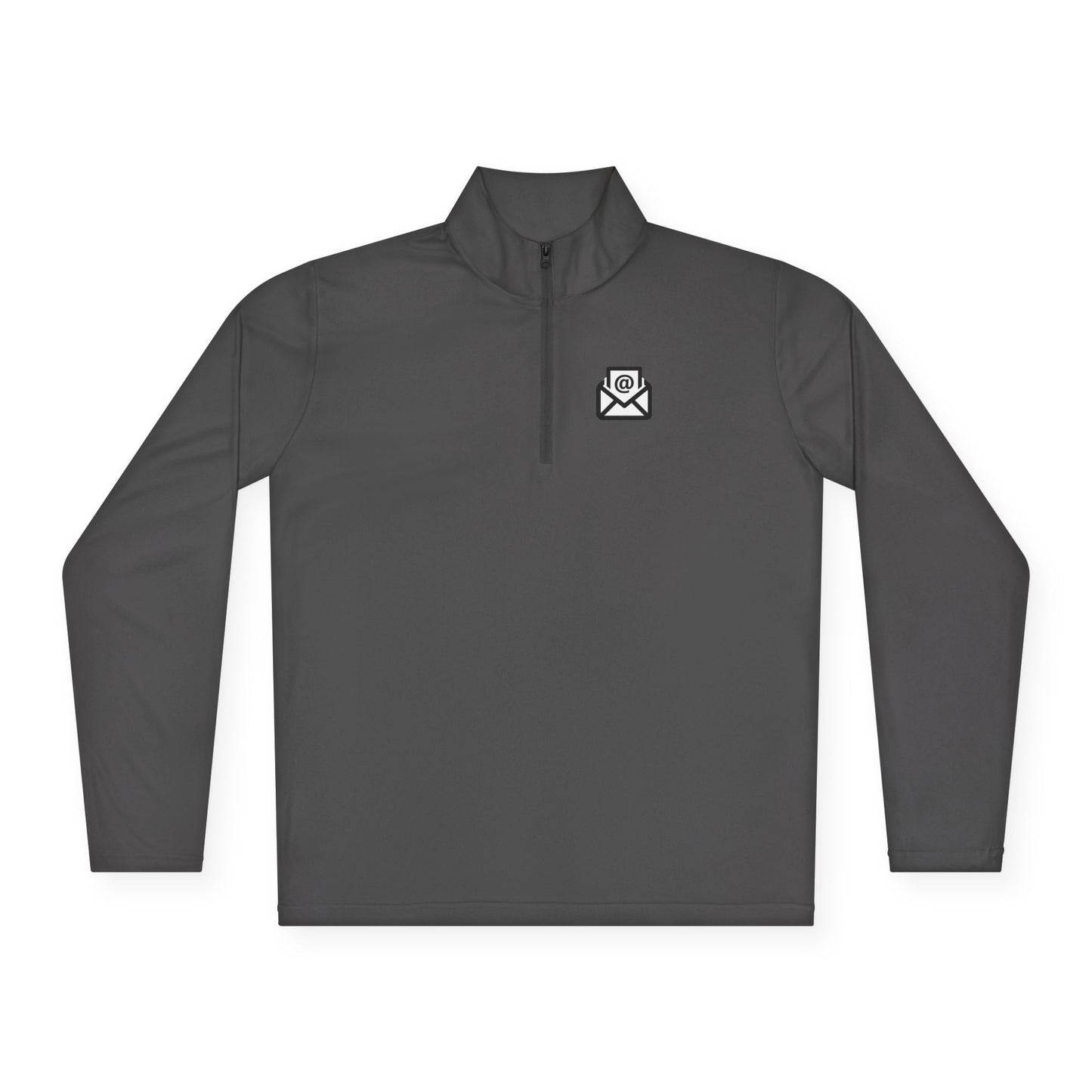 Front view of charcoal grey quarter-zip pullover with white envelope emblem on left chest