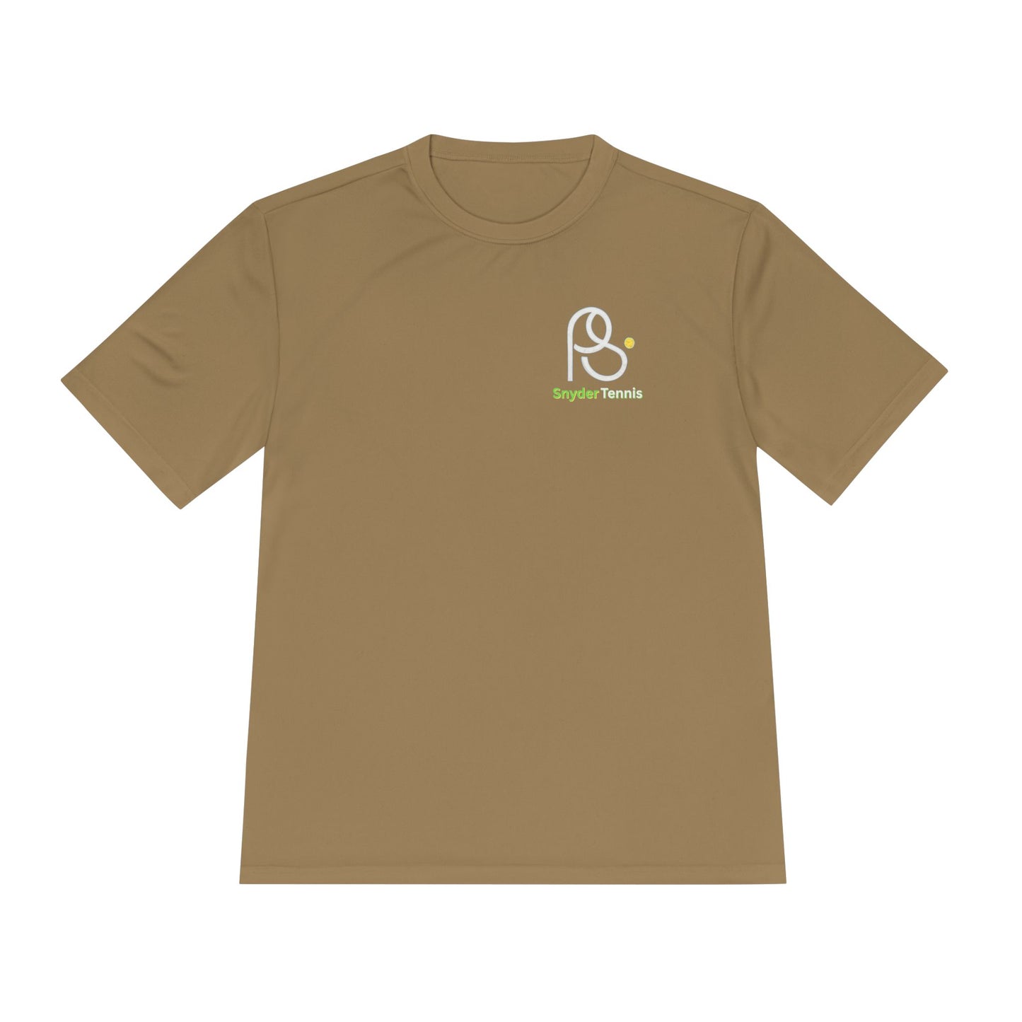 Flat front tan Coach Pete Snyder moisture-wicking tee, clean white PS Bryant Tennis chest graphic