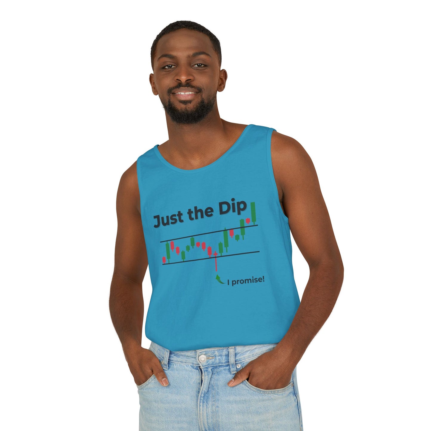 Man grinning in front view of teal "Just the Dip" candlestick chart gym tank top