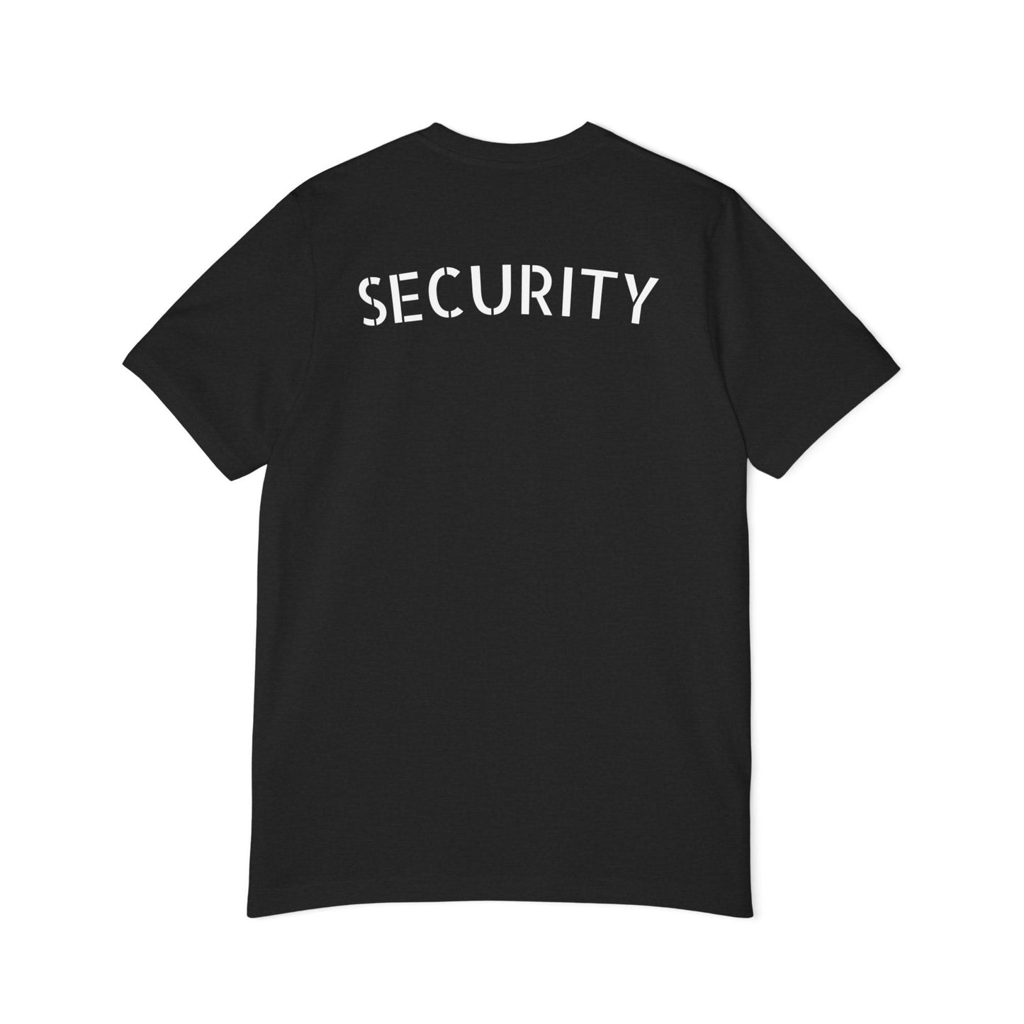 Back view of black tee with bold white stencil "SECURITY" print across shoulders