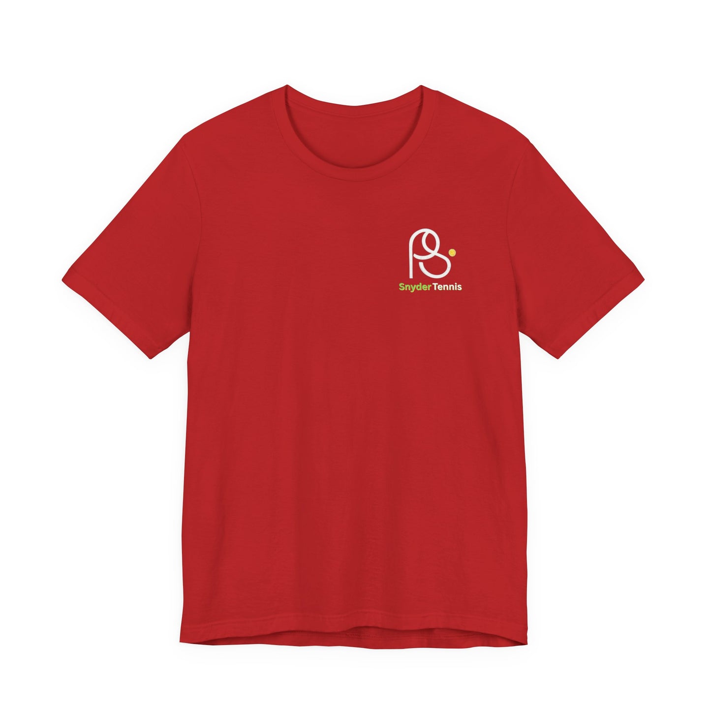 Flat lay front of heather red cotton tee with minimalist white PS Tennis logo and subtle green-yellow details