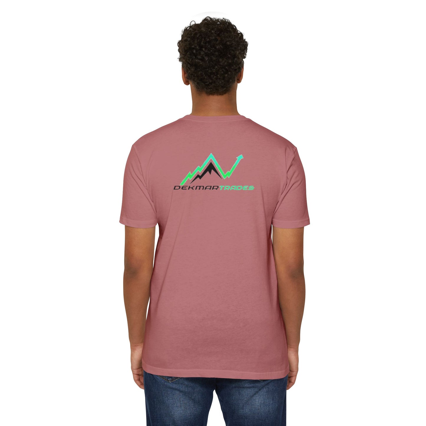 Man model back view in heather maroon tee, Dekmar Trades peaks-to-profit chart design