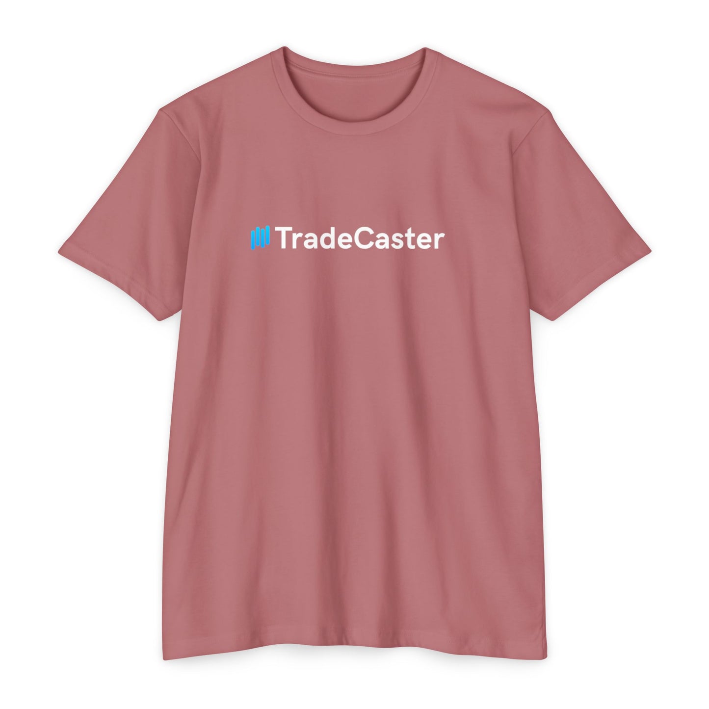 Front view of dark gray unisex TradeCaster CVC jersey t-shirt with blue || icon and white text print