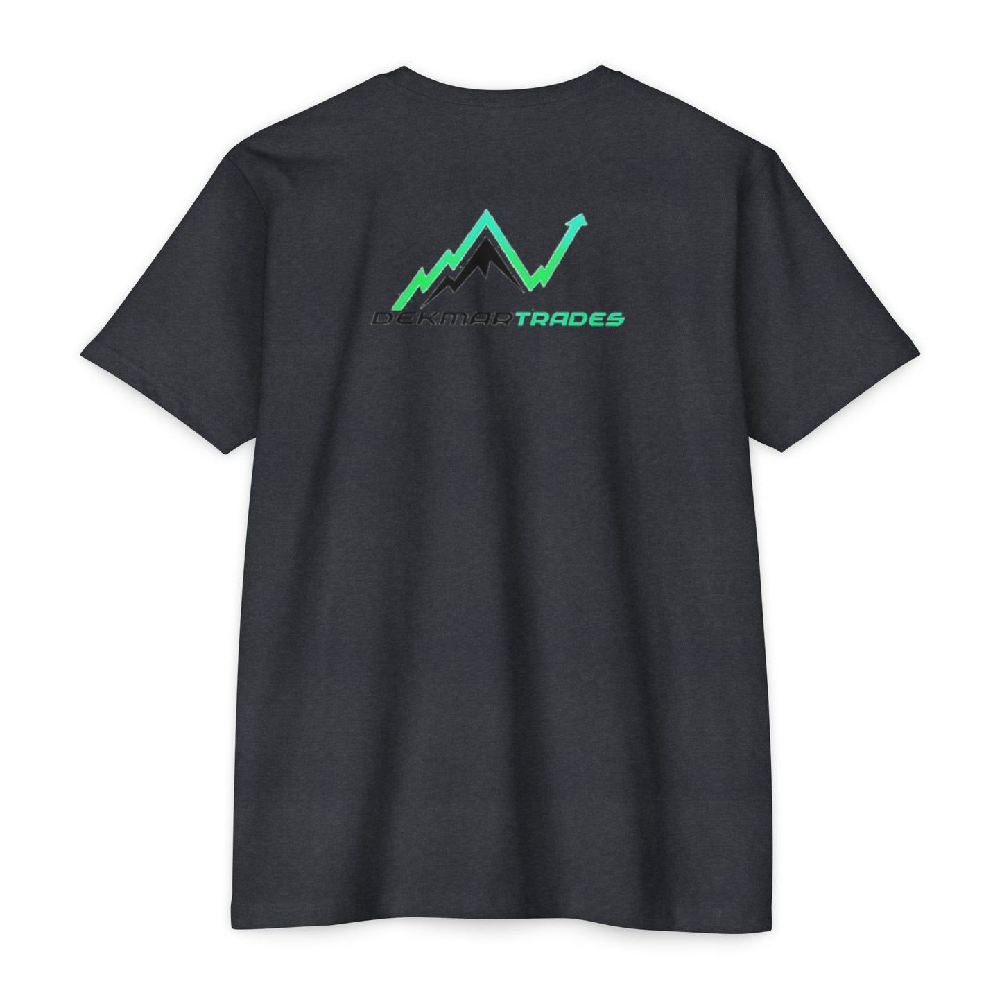 Back of heather charcoal tee on guy, Dekman Trades chart-mountain graphic in green/black
