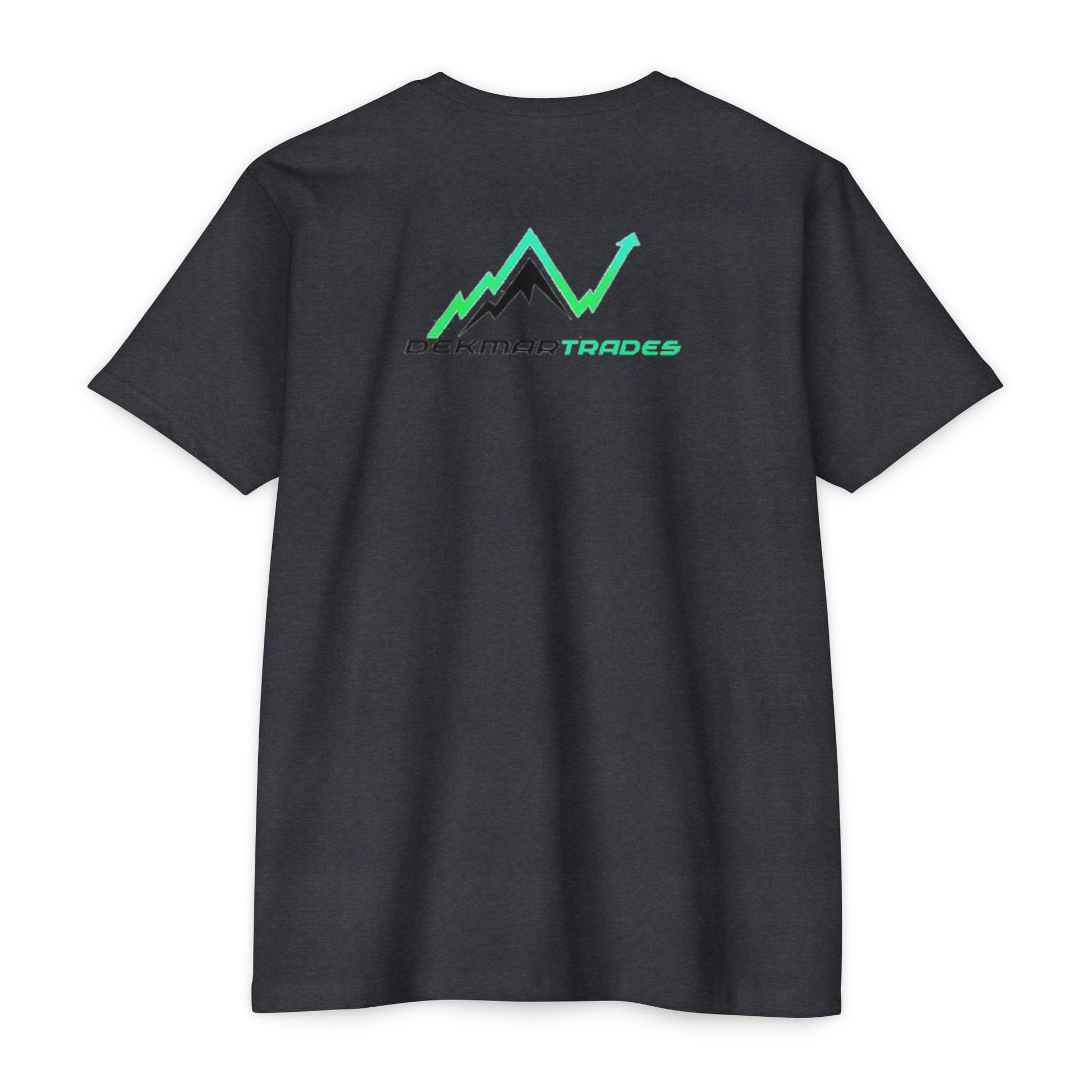 Back of heather charcoal tee on guy, Dekman Trades chart-mountain graphic in green/black