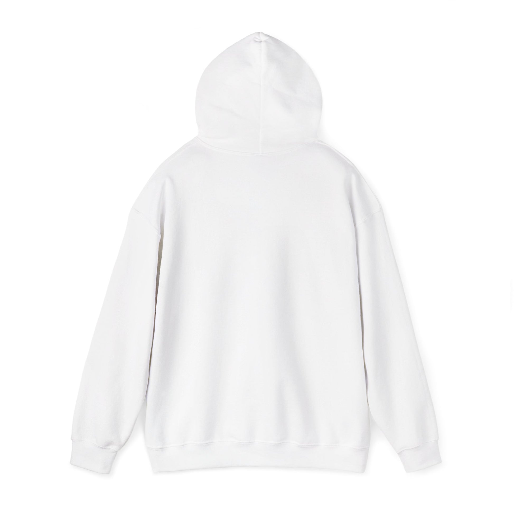 Back view of plain white Flag Football Coach hoodie, hood up with white drawcord