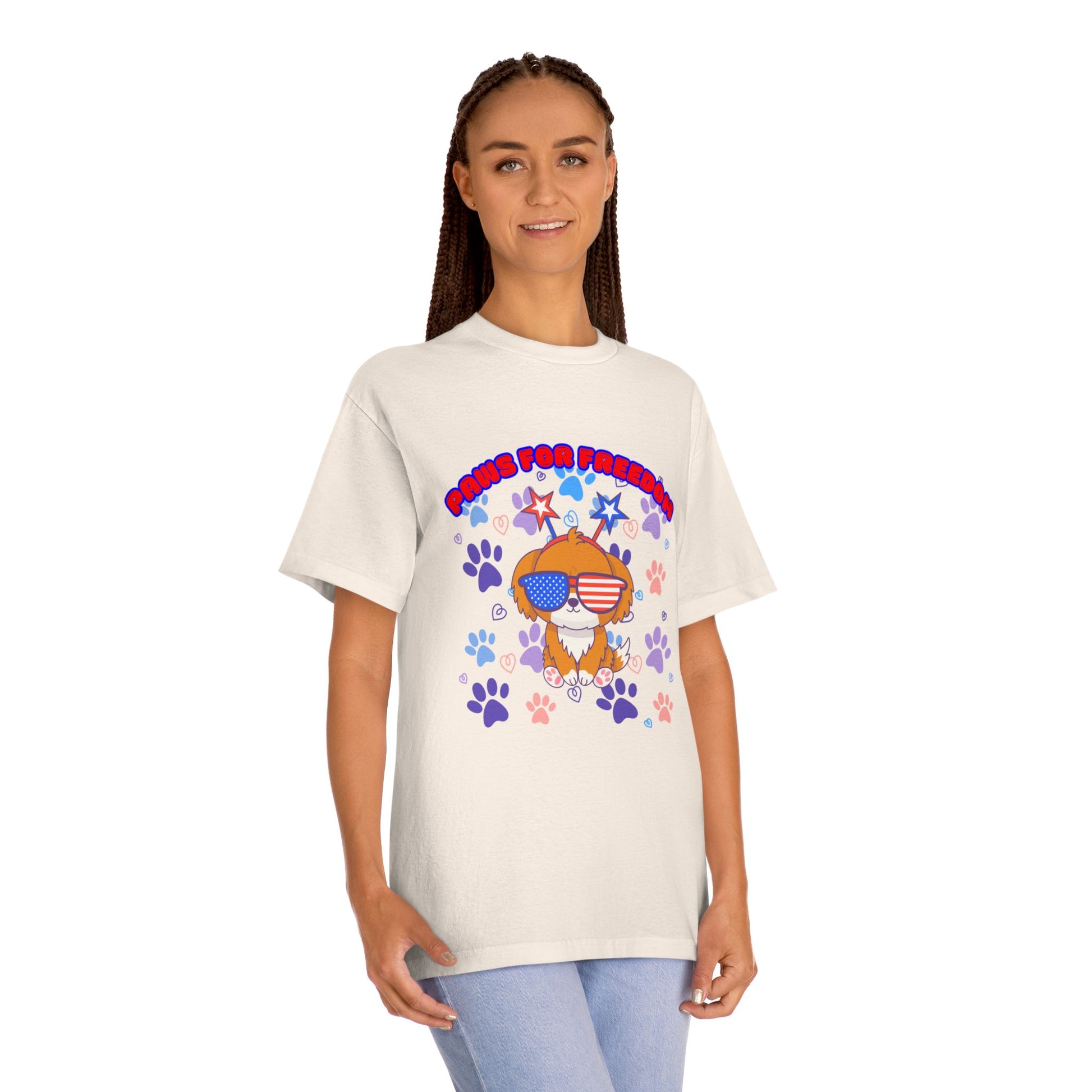 Braided woman rocking white 'Paws for Freedom' tee front, patriotic pup with sunnies & accents