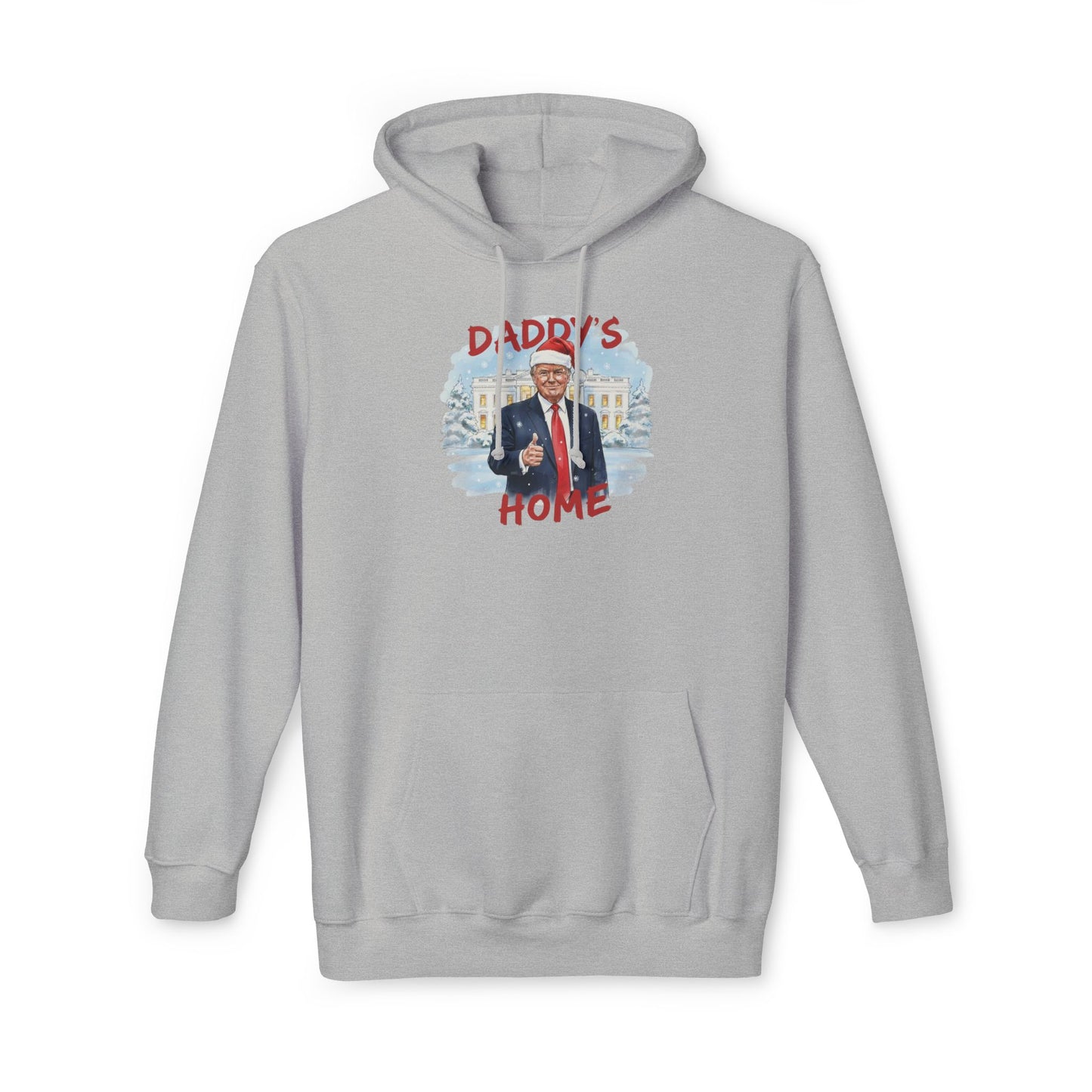 Front view of light gray "Daddy's Home" Trump Christmas hoodie with festive Santa hat print