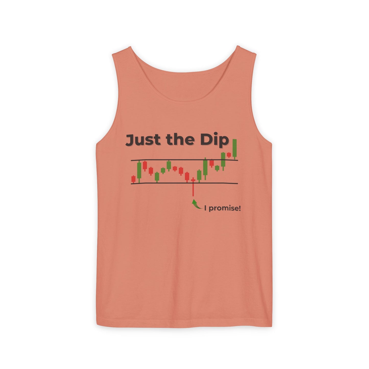 Front of coral orange workout tank: "Just the Dip" candlestick print with "I promise!" pointing down