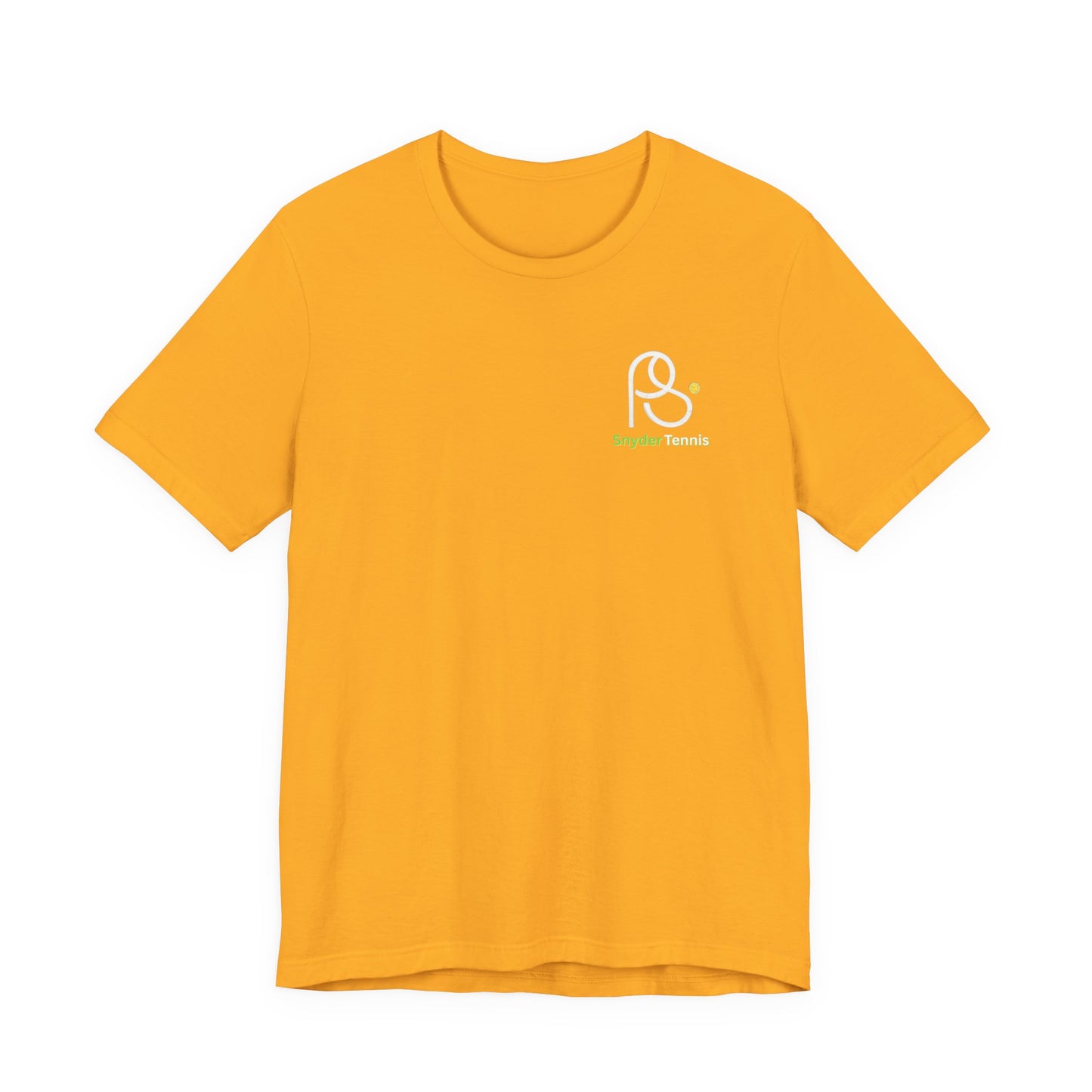Flat back of gold yellow short-sleeve tee, large "COACH PETE SNYDER Harrison TC Elite Pro" racket print