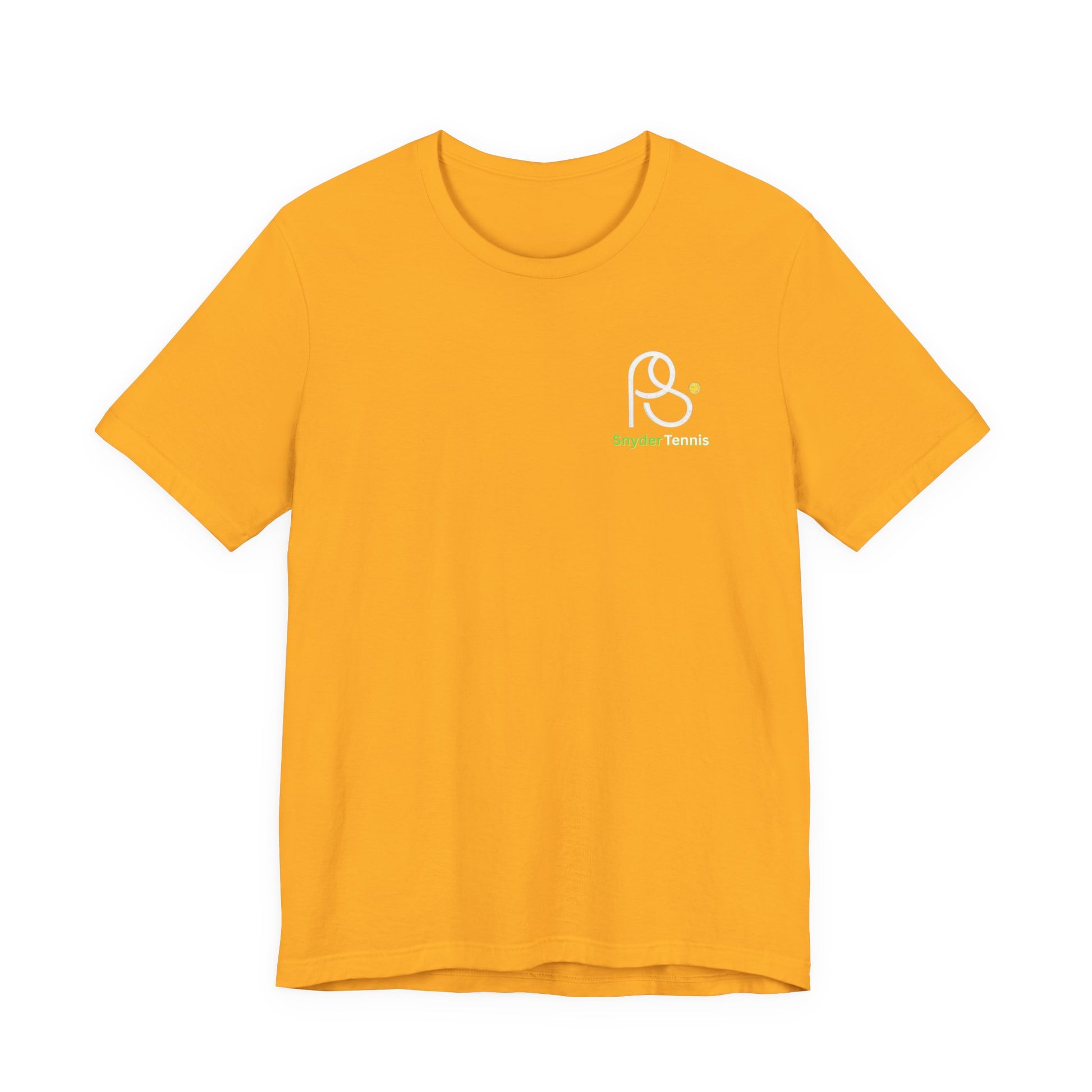 Flat back of gold yellow short-sleeve tee, large "COACH PETE SNYDER Harrison TC Elite Pro" racket print