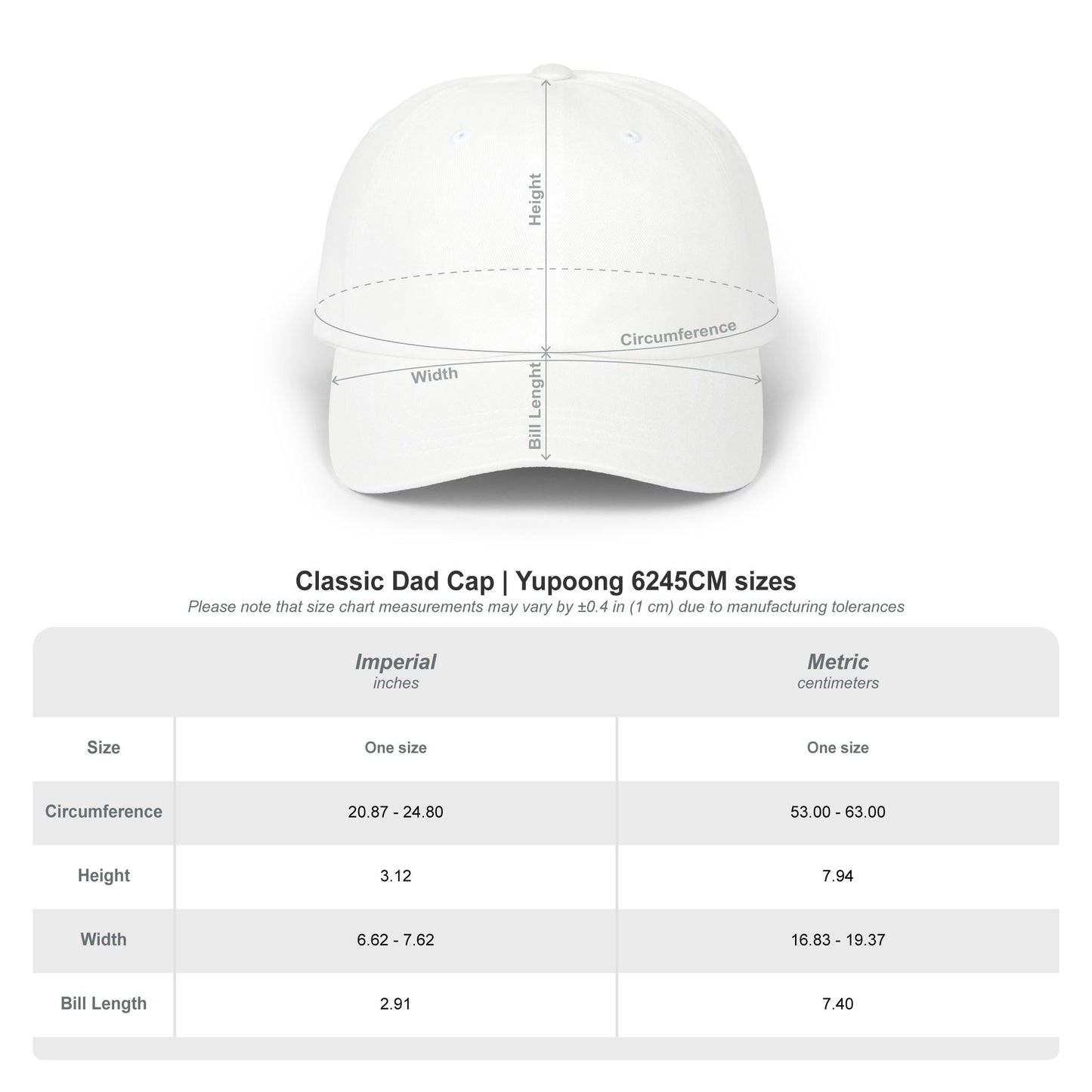 Classic Dad Cap size chart detailing circumference, width, bill length in inches and cm