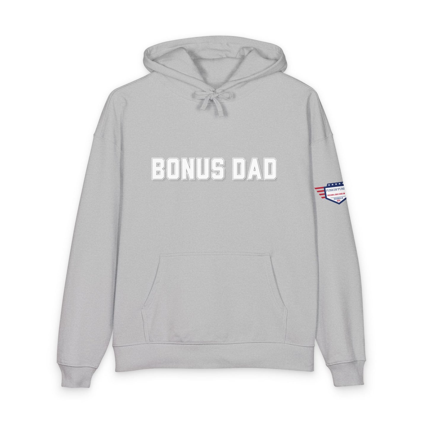 Heather grey Bonus Dad hoodie front, embossed "BONUS DAD" with detailed American flag sleeve badge