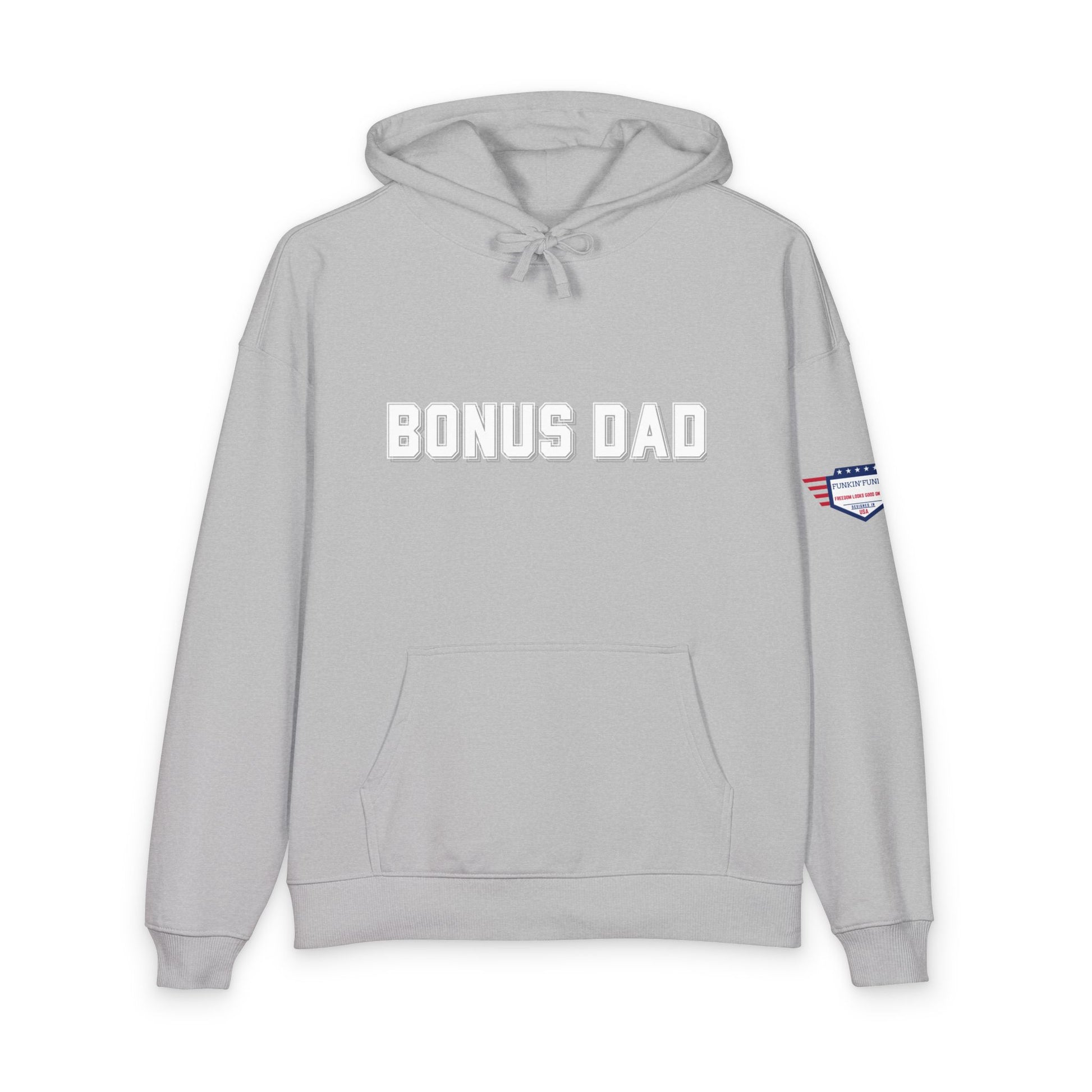 Heather grey Bonus Dad hoodie front, embossed "BONUS DAD" with detailed American flag sleeve badge