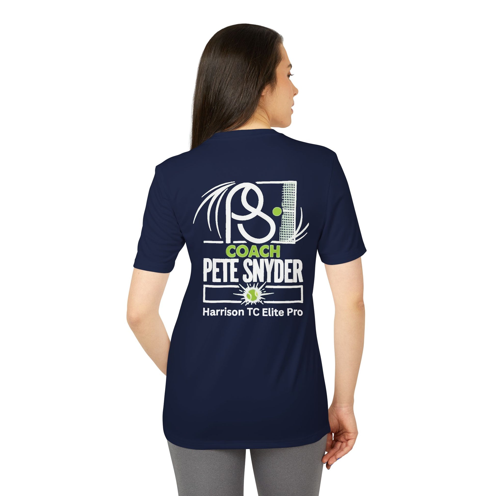 Back of navy tee on female model, crisp "COACH PETE SNYDER Harrison TC Elite Pro" print with stylized white tennis racket/net/ball